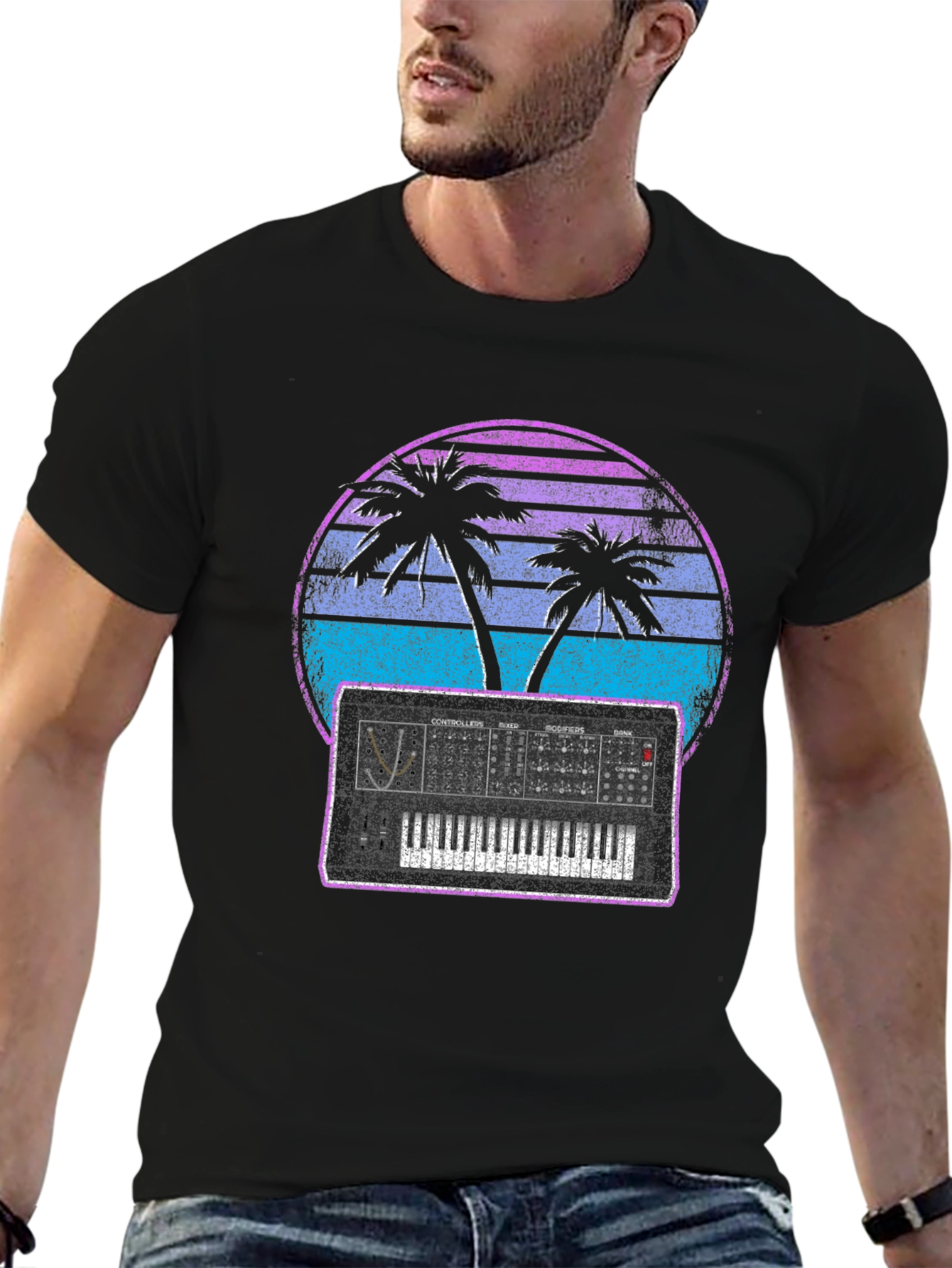 Synthwave T-Shirt - Retro Palm Synth Design