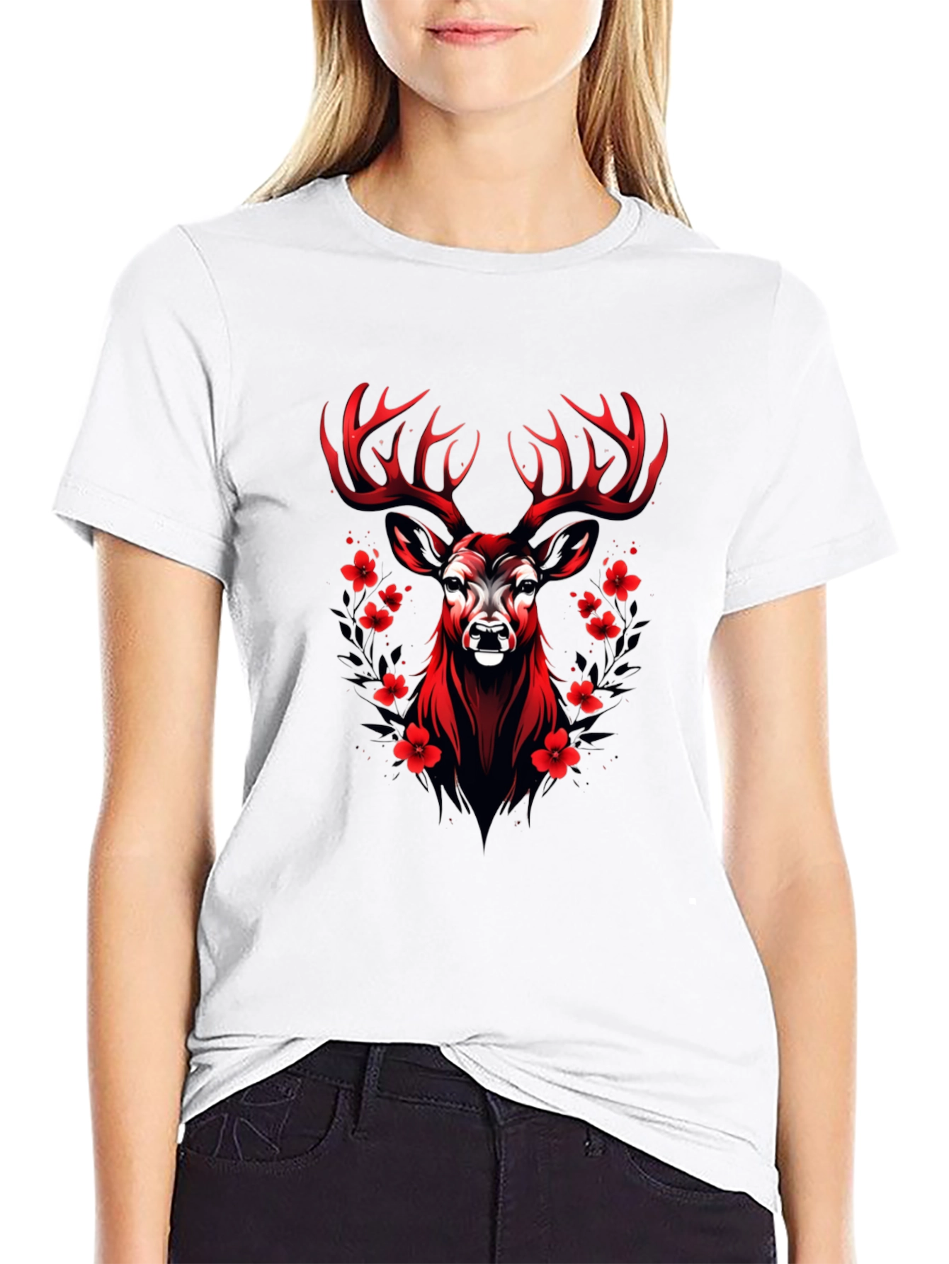 Red Deer Floral Graphic Black T-Shirt