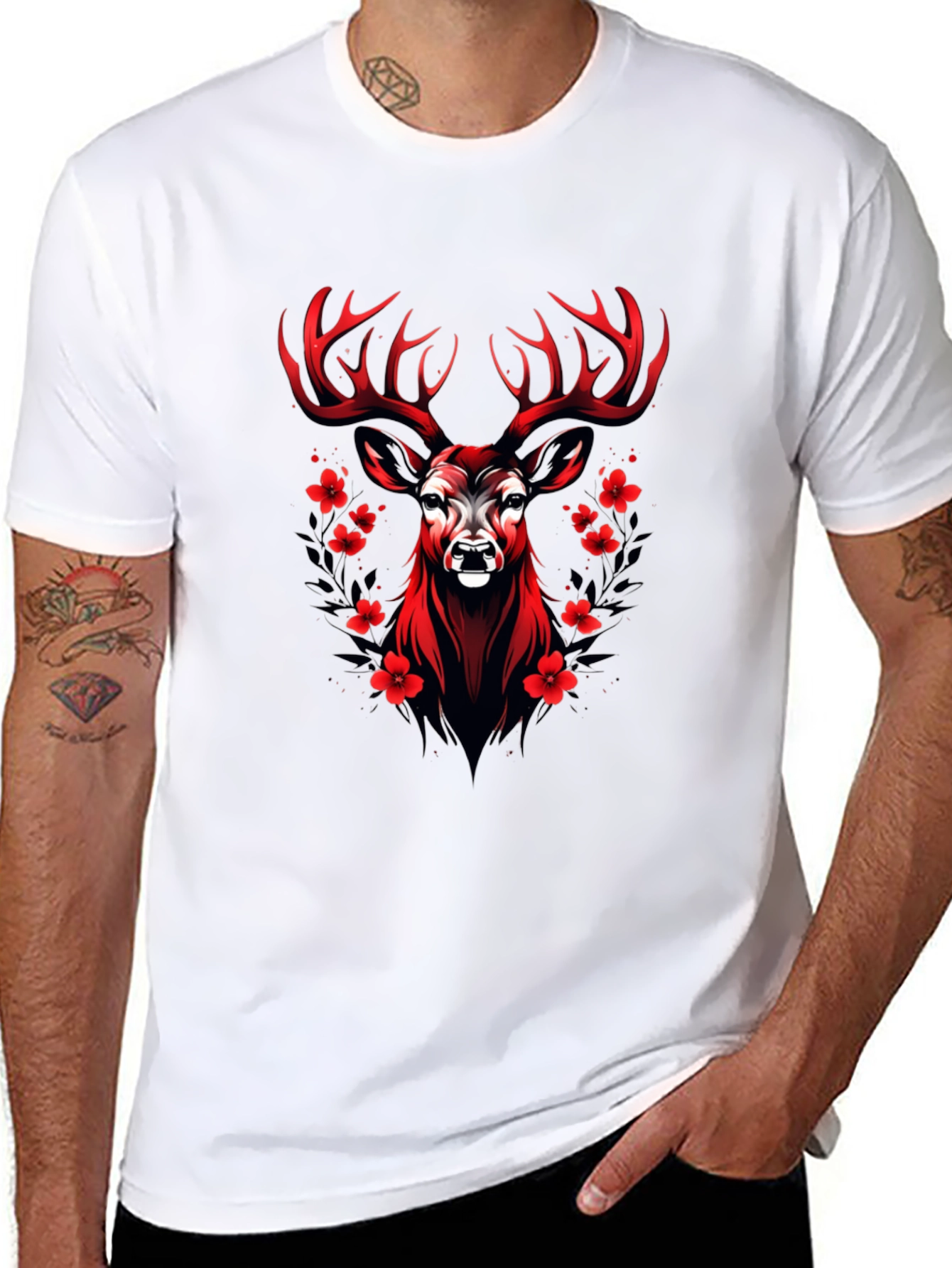 Red Deer Floral Graphic Black T-Shirt