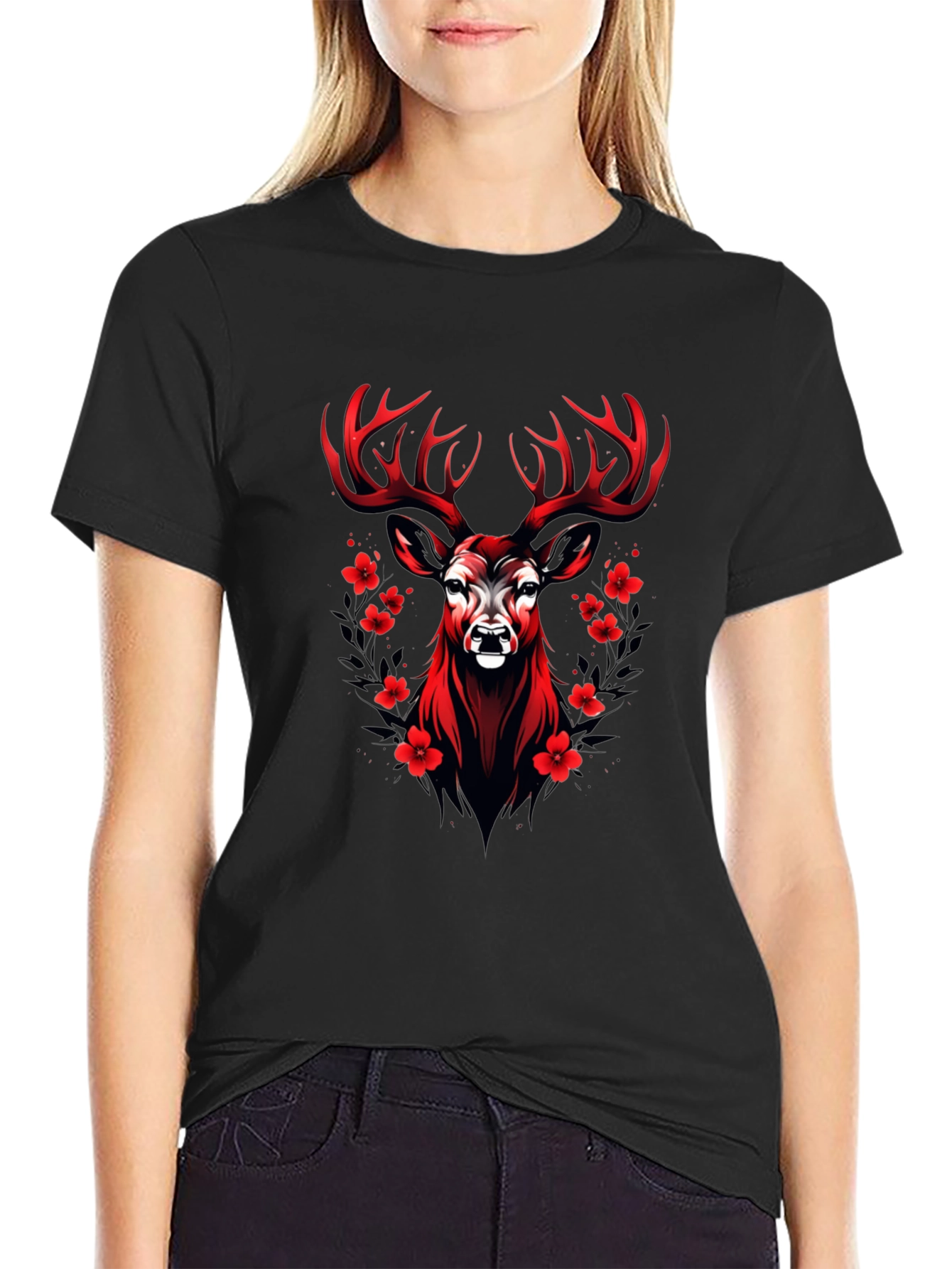 Red Deer Floral Graphic Black T-Shirt