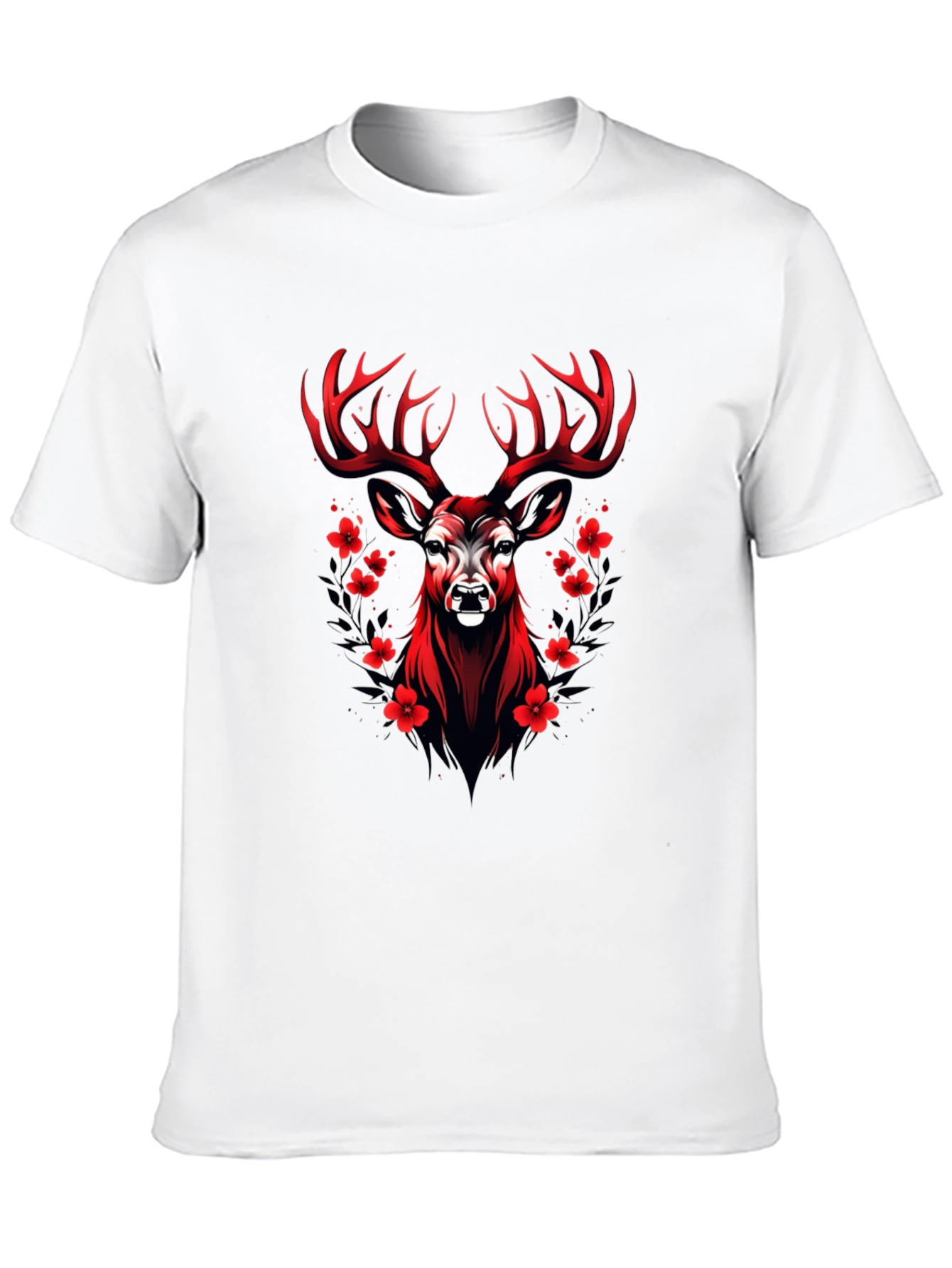 Red Deer Floral Graphic Black T-Shirt
