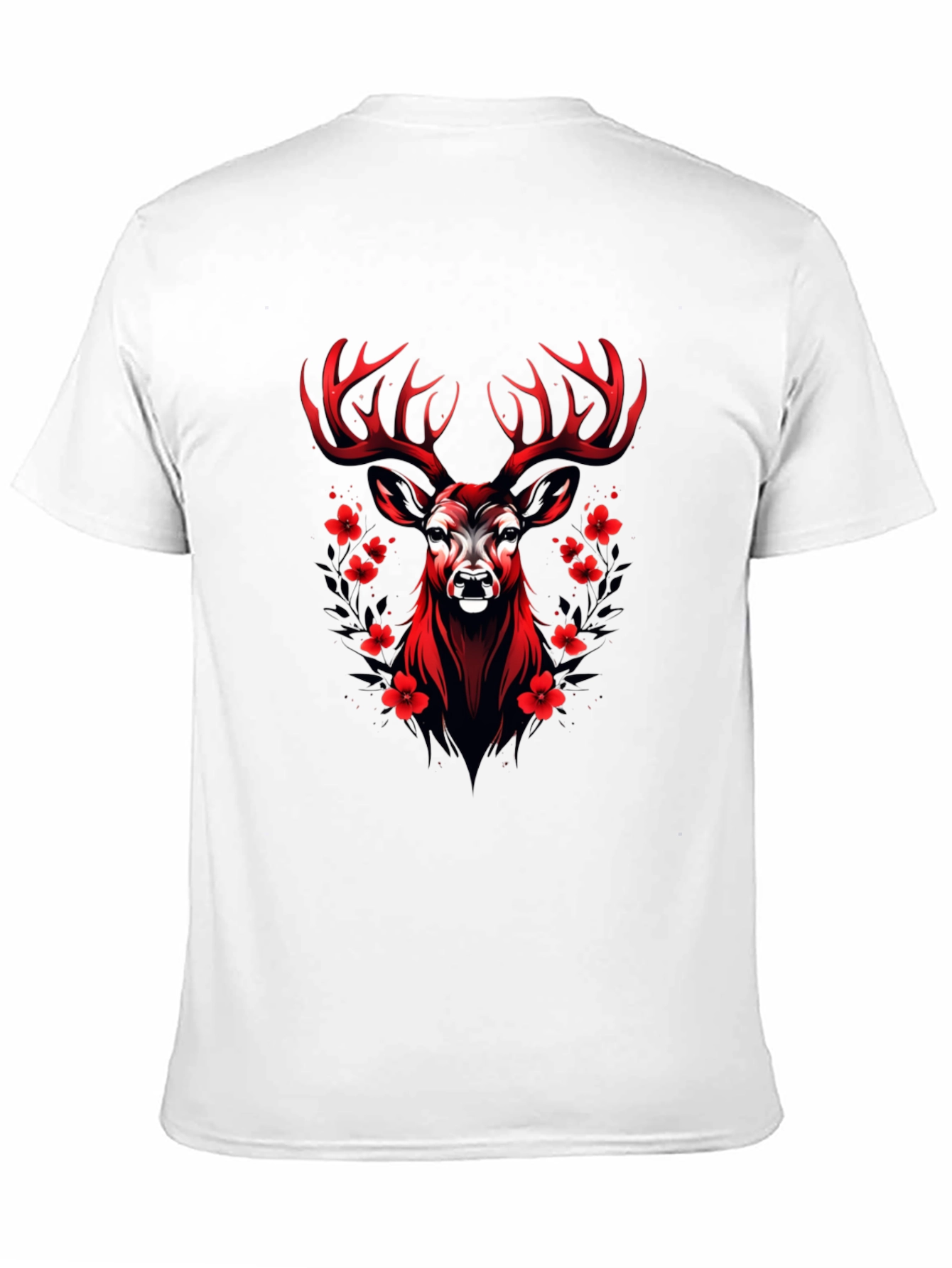 Red Deer Floral Graphic Black T-Shirt