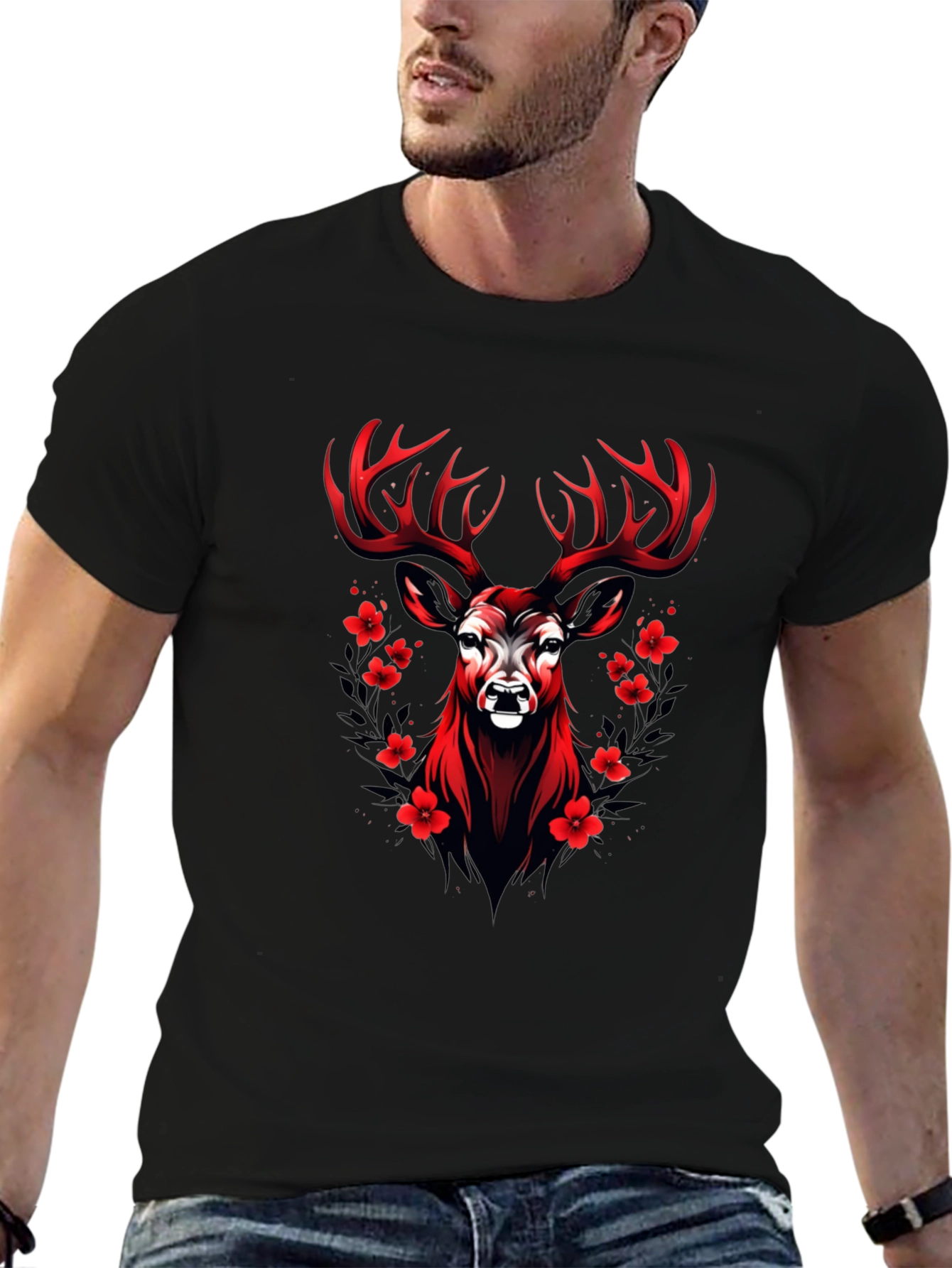 Red Deer Floral Graphic Black T-Shirt