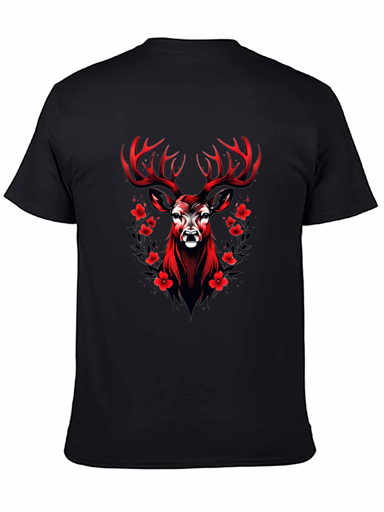 Red Deer Floral Graphic Black T-Shirt