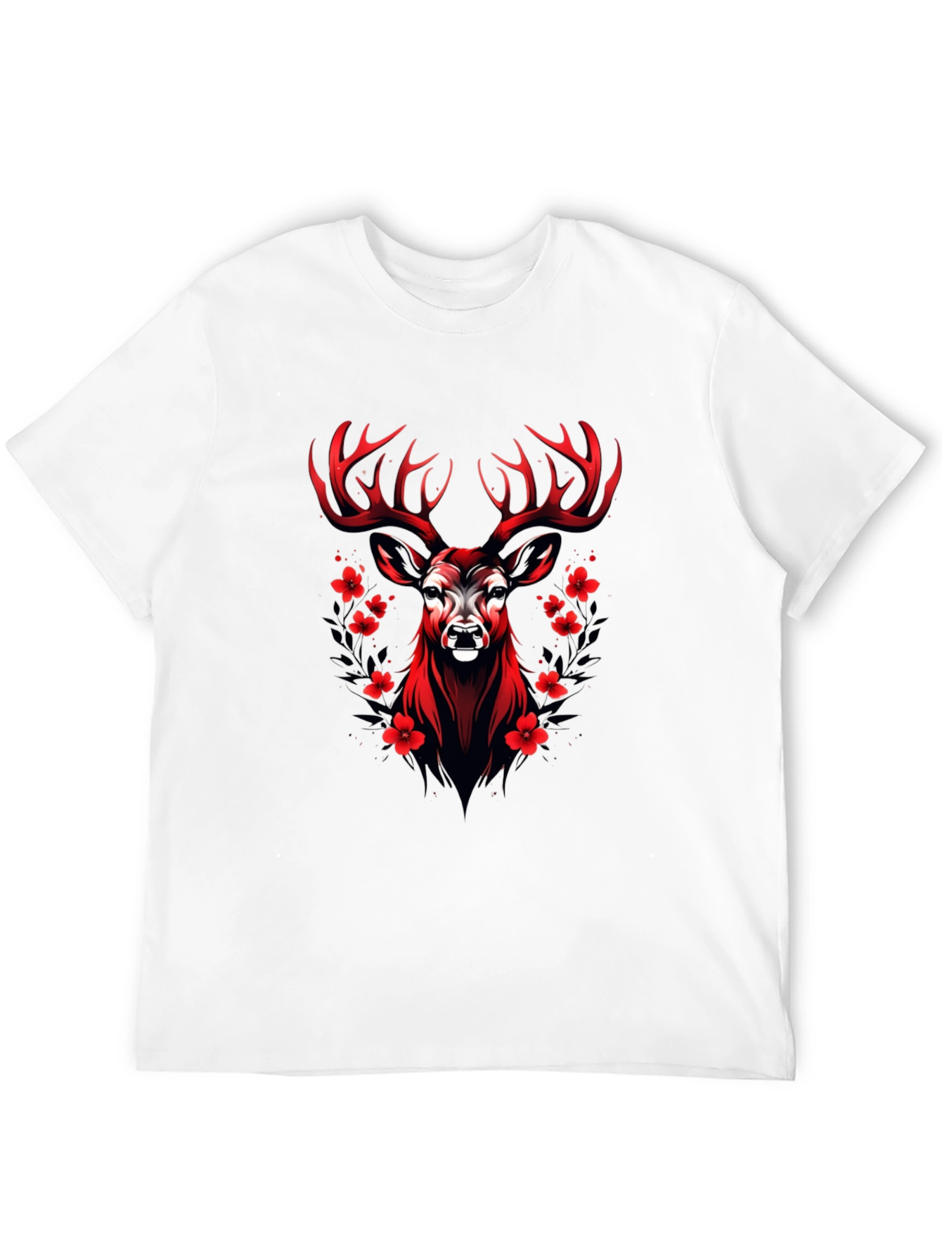 Red Deer Floral Graphic Black T-Shirt