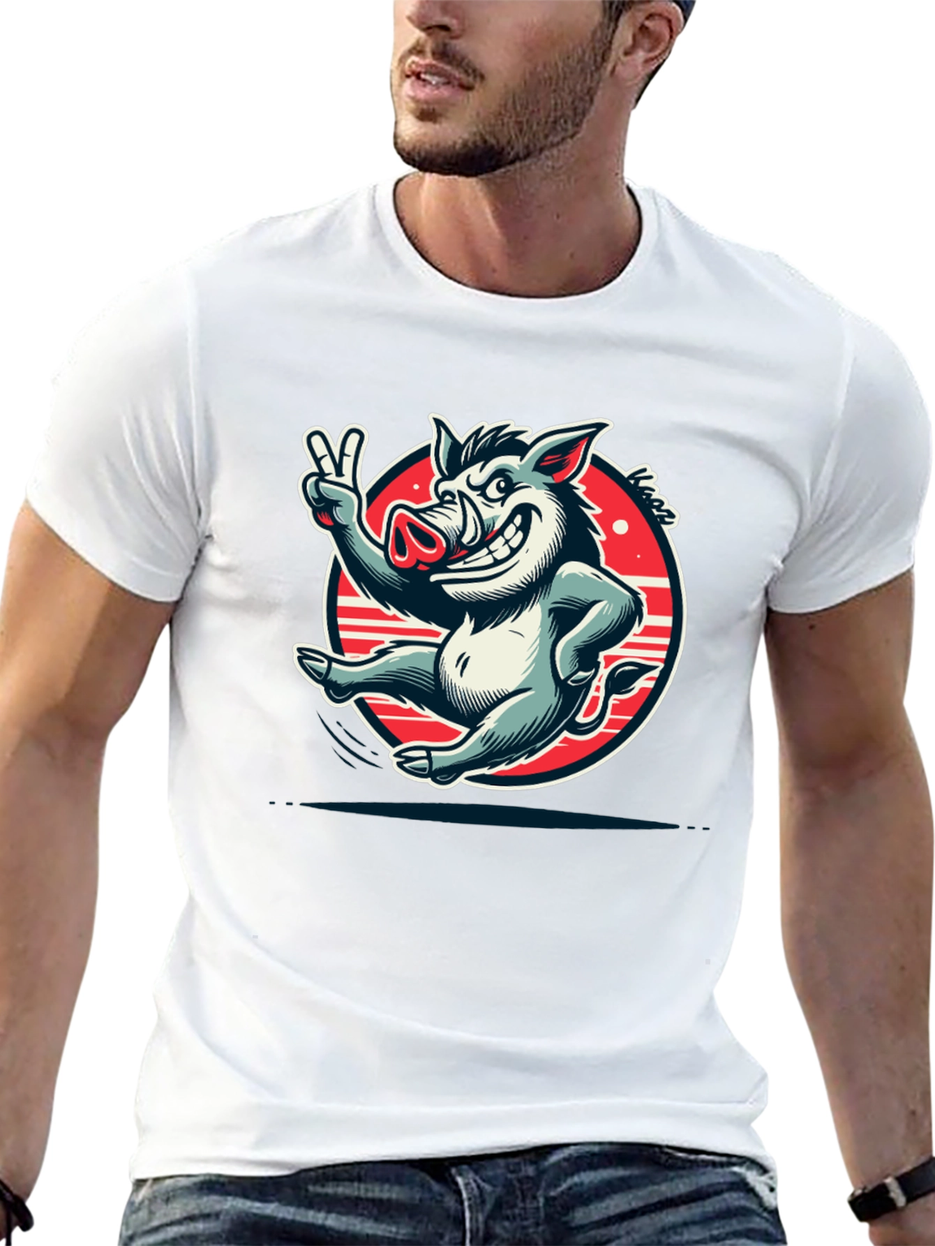 Boar Cartoon Graphic Tee - Black Cotton T-Shirt
