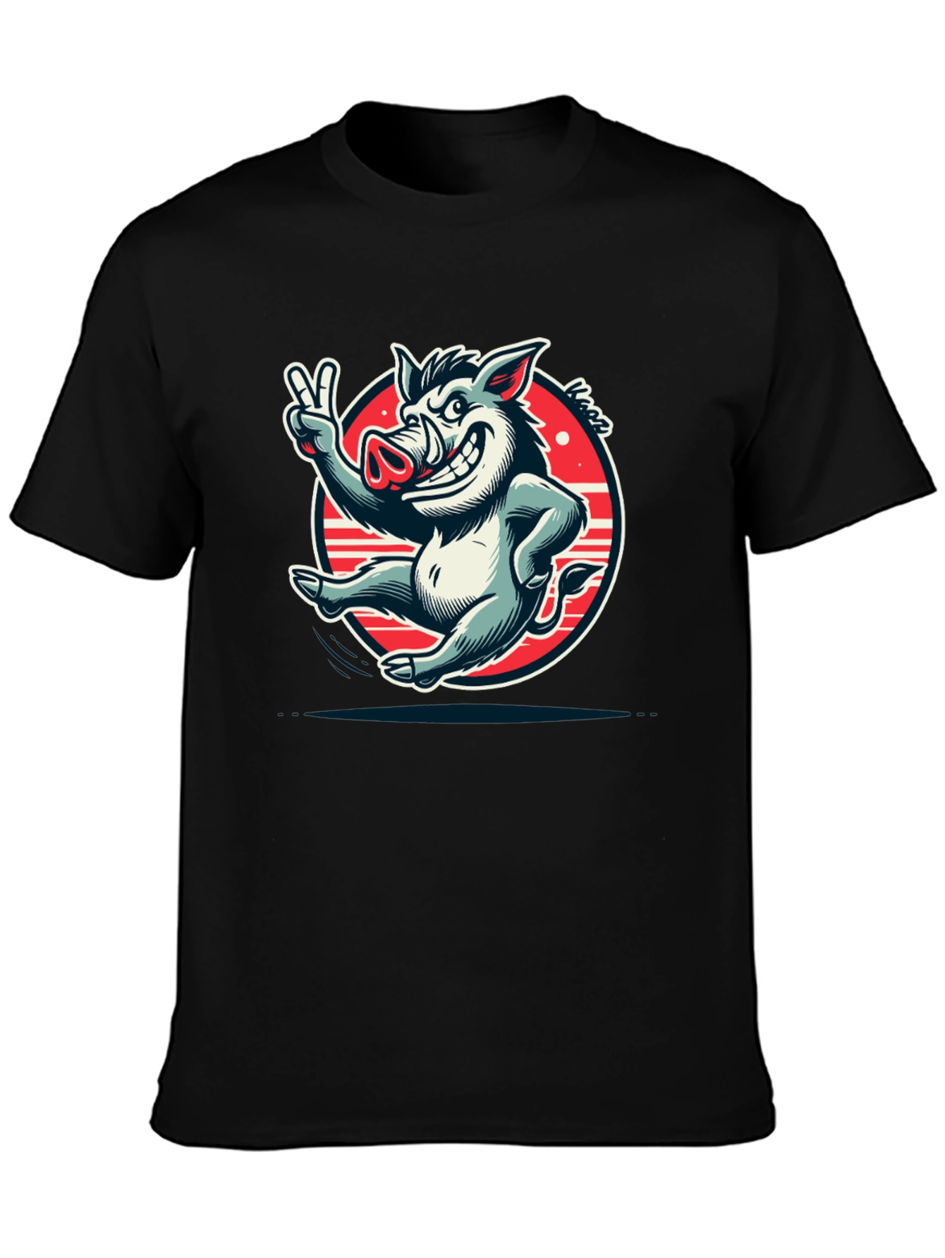 Boar Cartoon Graphic Tee - Black Cotton T-Shirt