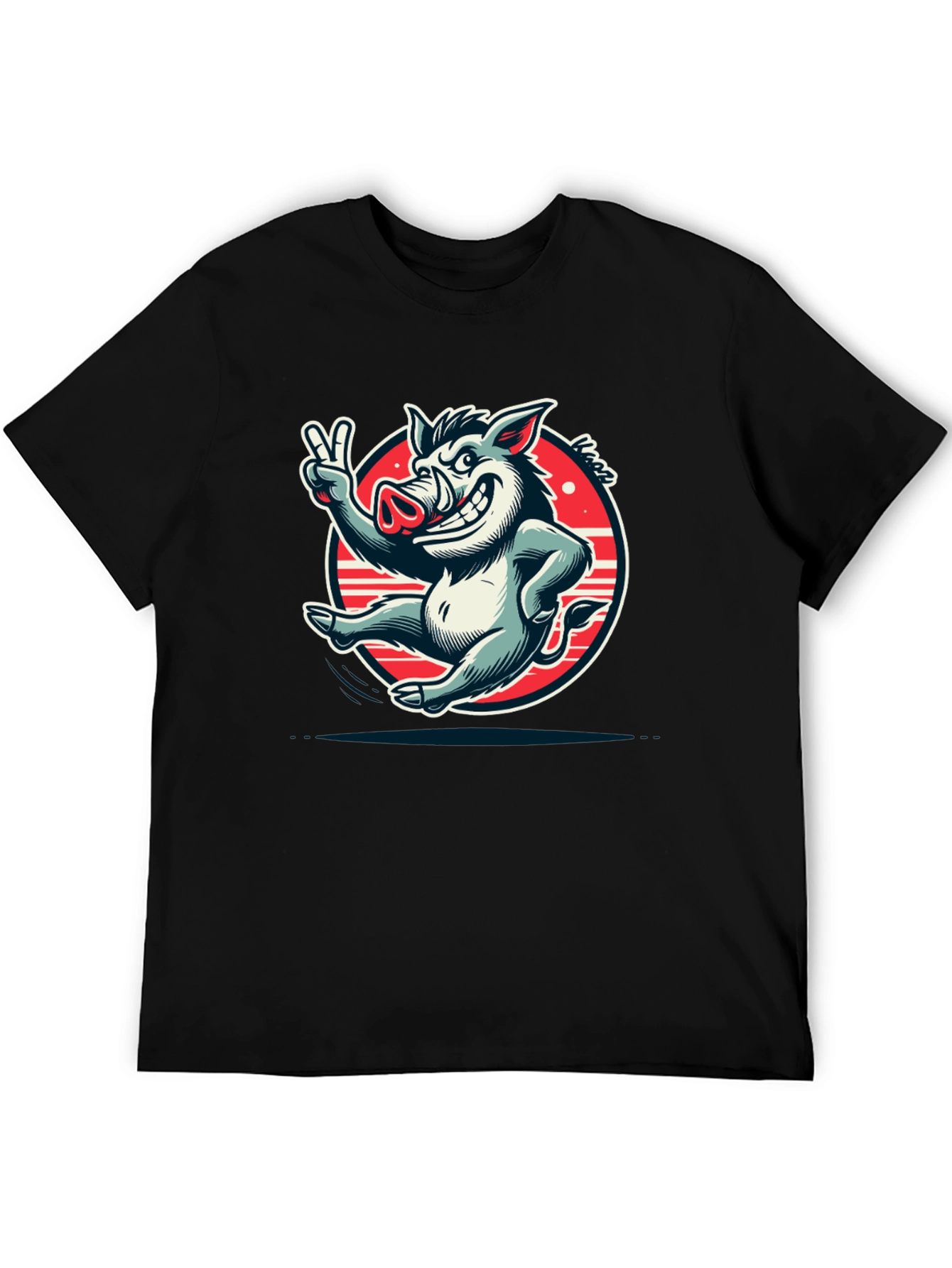 Boar Cartoon Graphic Tee - Black Cotton T-Shirt
