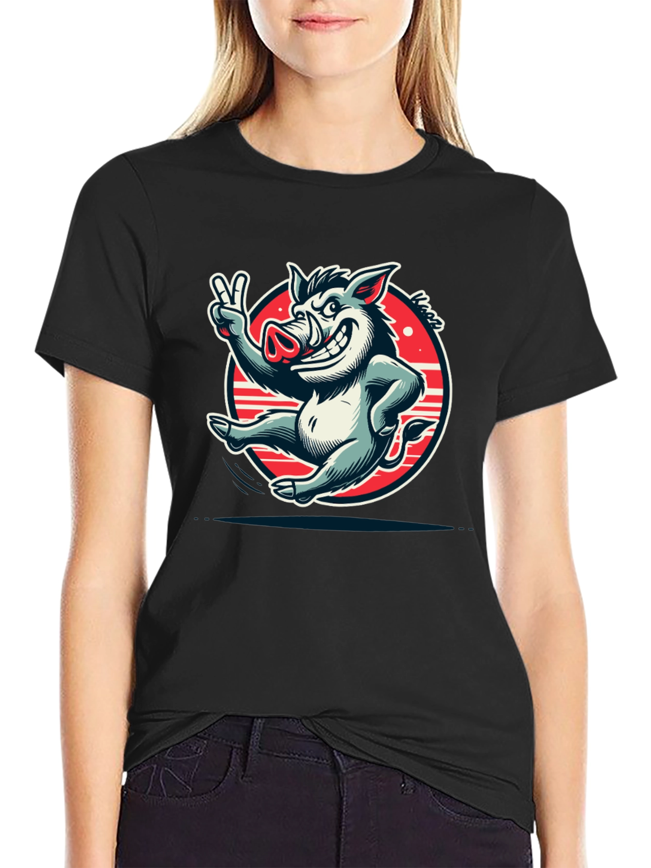 Boar Cartoon Graphic Tee - Black Cotton T-Shirt
