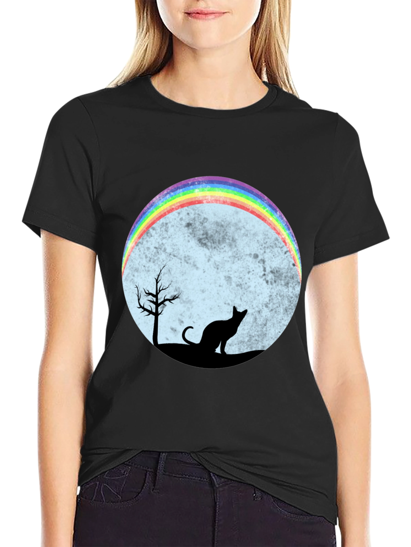Rainbow Cat Silhouette Graphic T-Shirt