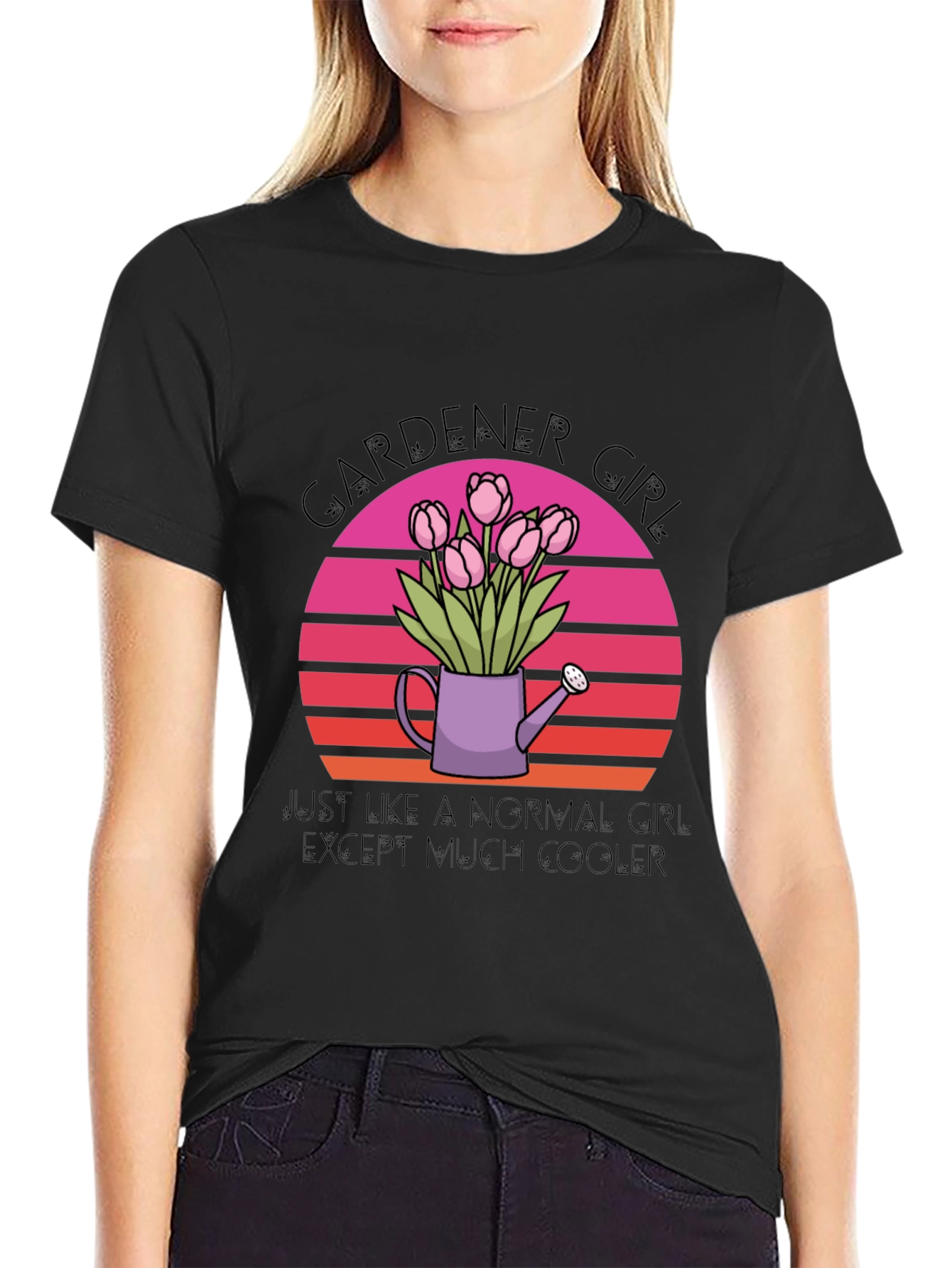 Gardener Girl T-Shirt - Floral Sunset Design