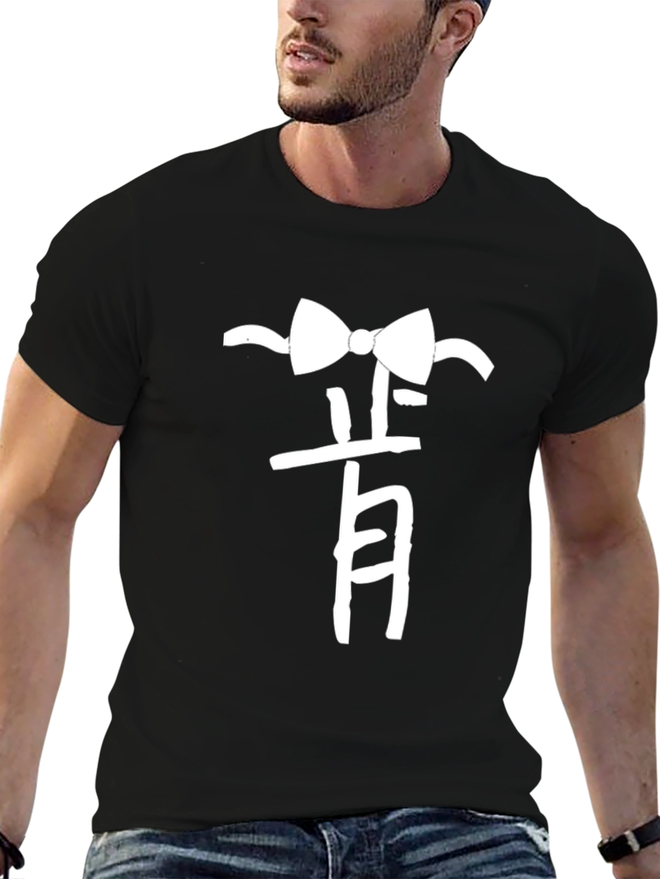 Stylish Black T-Shirt with Bow Tie Kanji Design