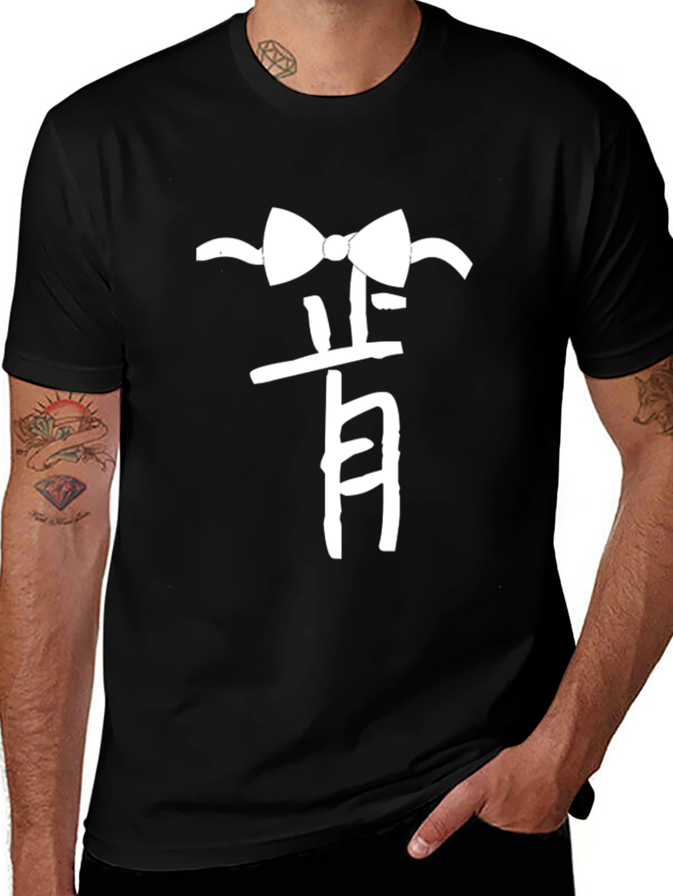 Stylish Black T-Shirt with Bow Tie Kanji Design