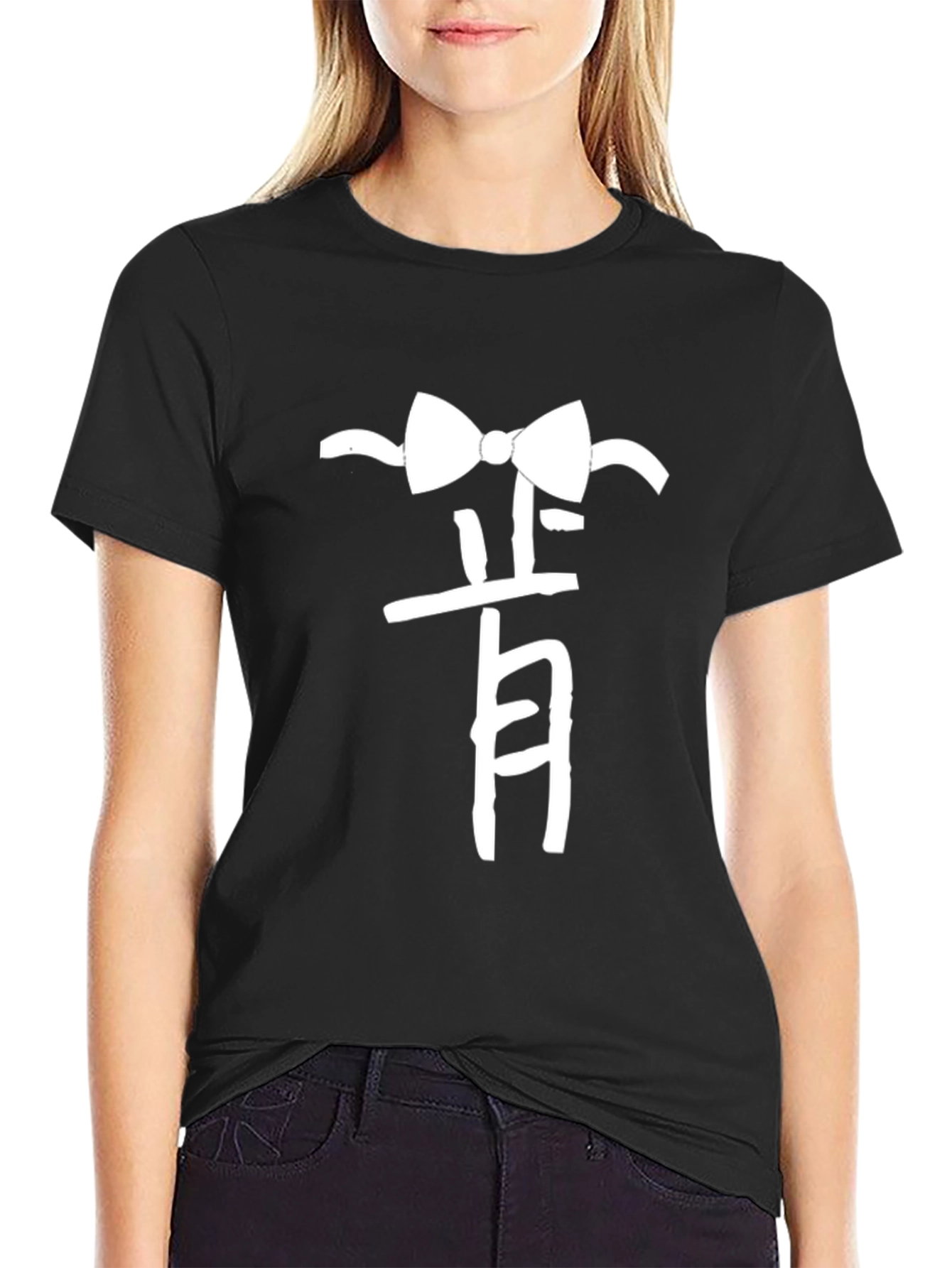 Stylish Black T-Shirt with Bow Tie Kanji Design