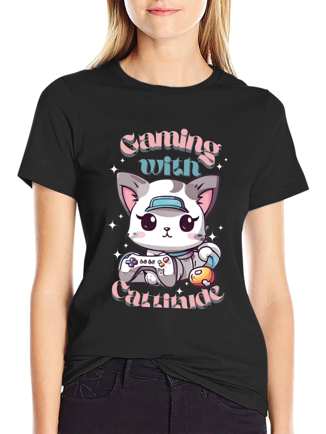 Gaming with Cattitude T-Shirt - Gamer Cat Tee