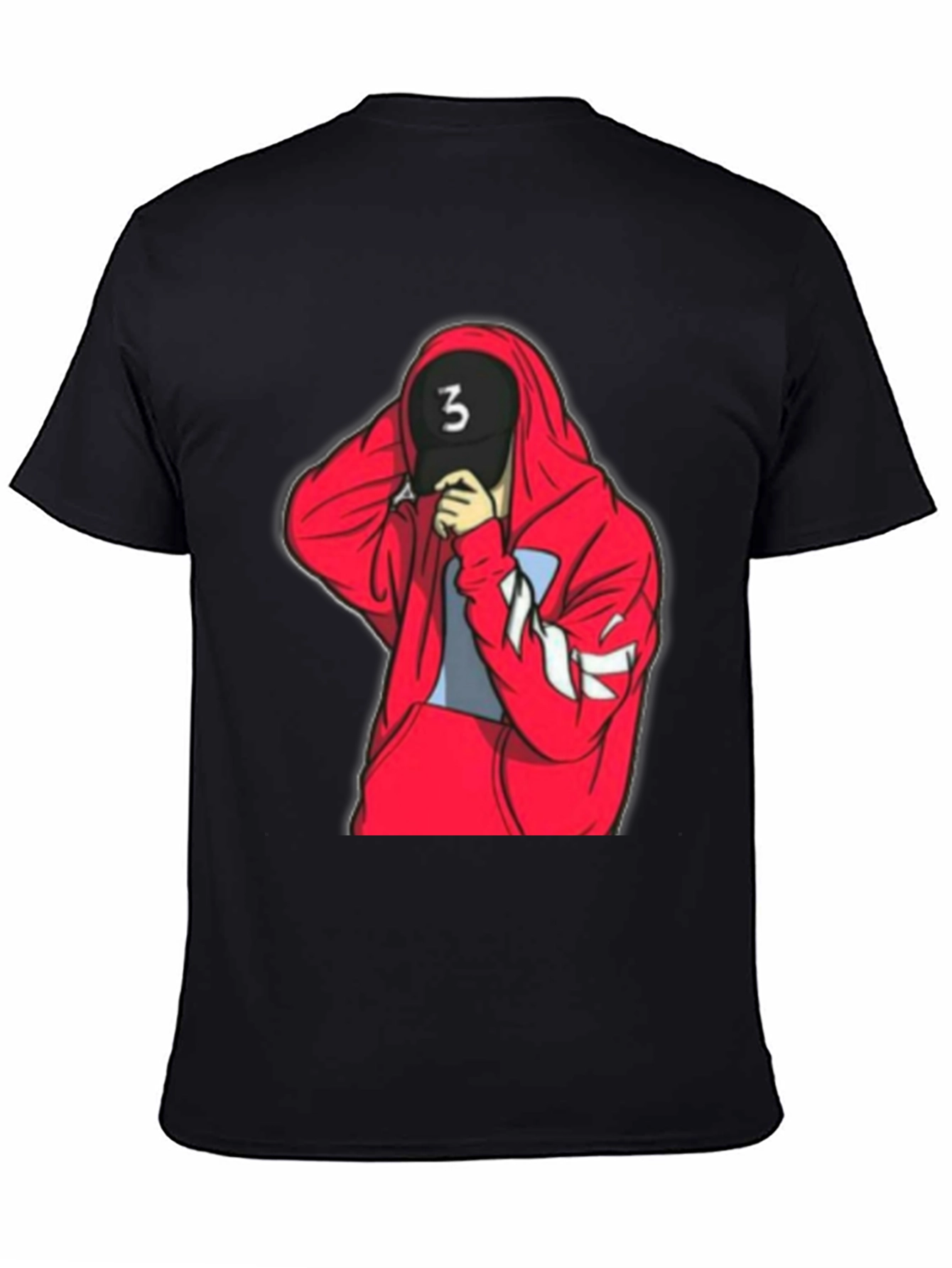 Black Tee with Red Hooded Figure Graphic
