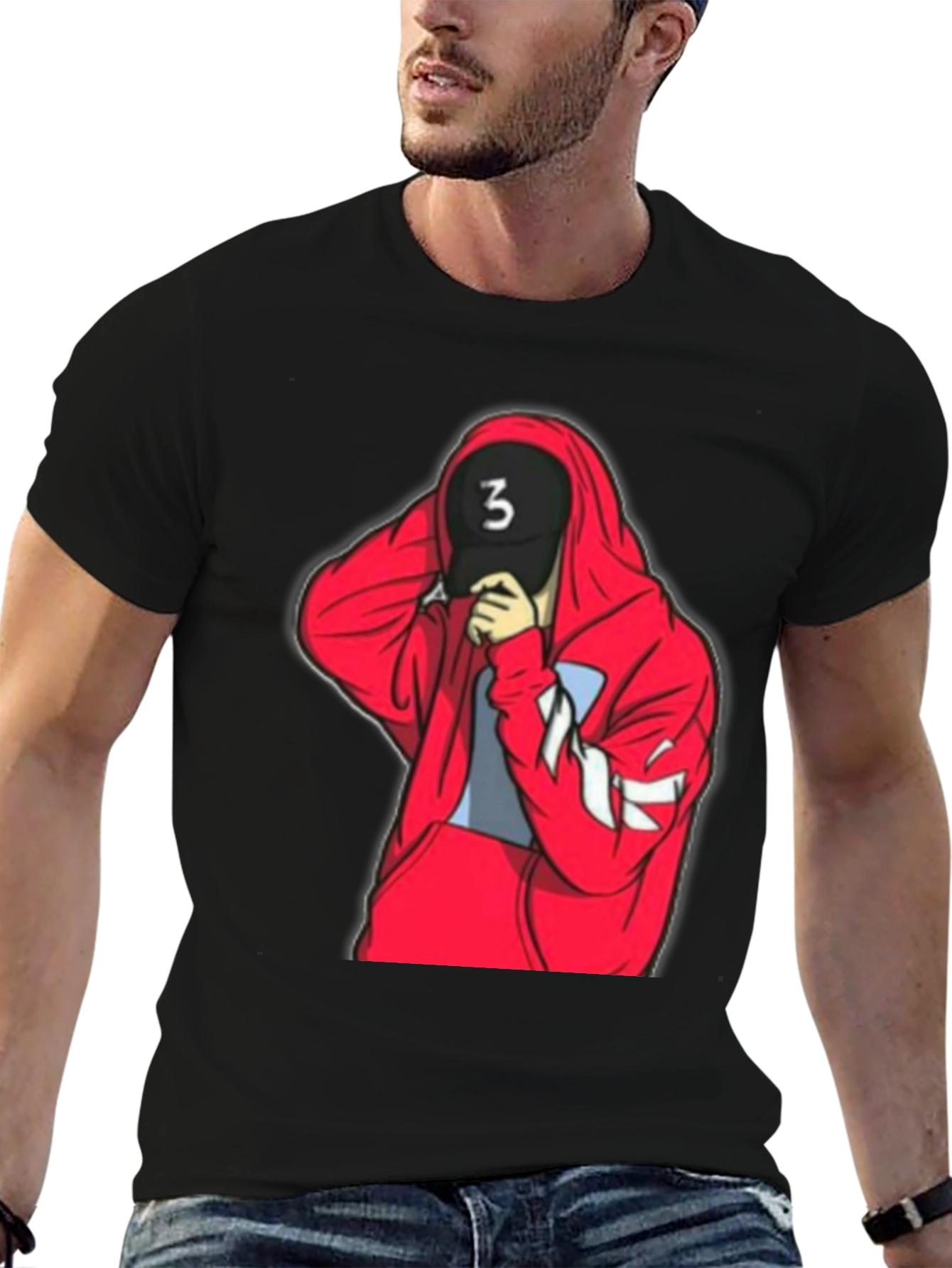 Black Tee with Red Hooded Figure Graphic
