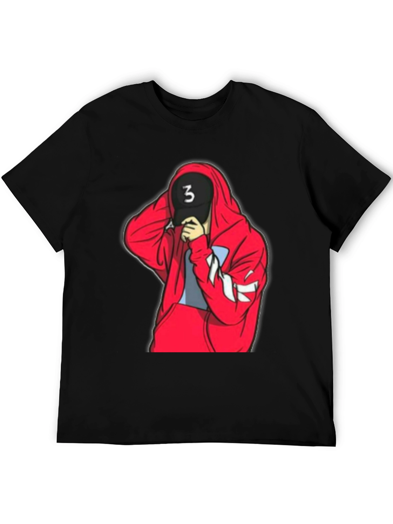 Black Tee with Red Hooded Figure Graphic