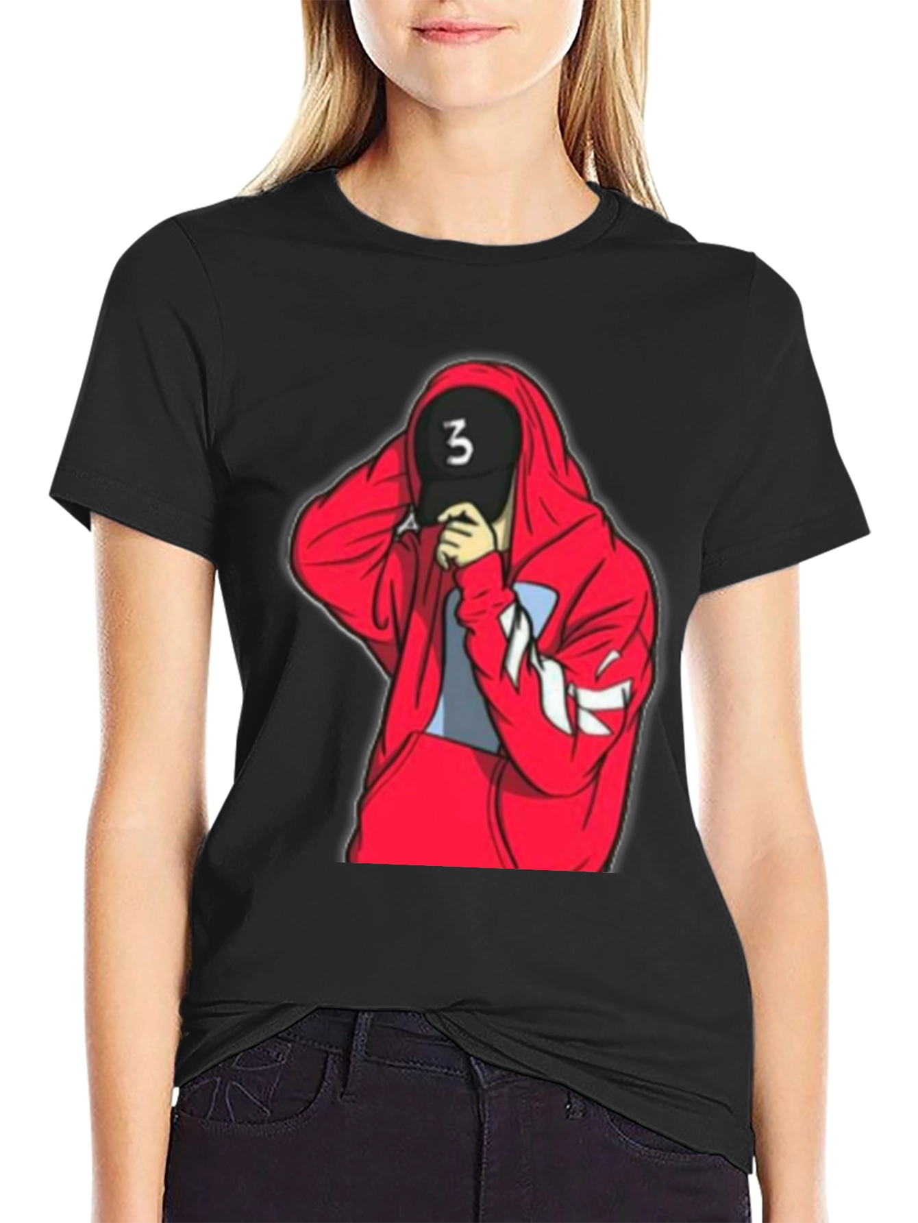 Black Tee with Red Hooded Figure Graphic