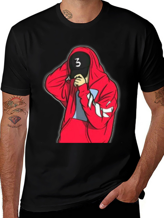 Black Tee with Red Hooded Figure Graphic