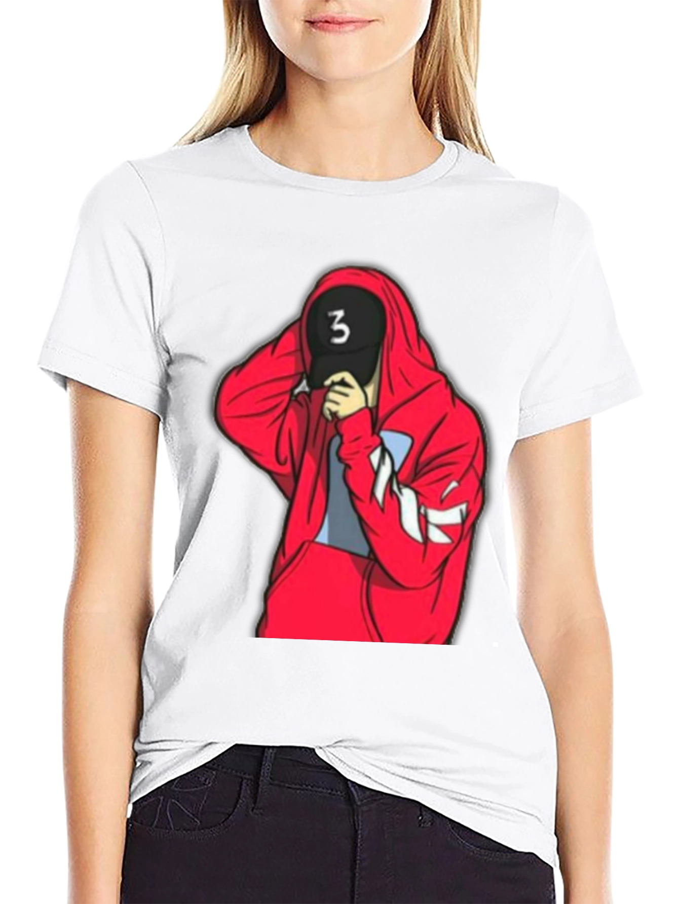 Black Tee with Red Hooded Figure Graphic