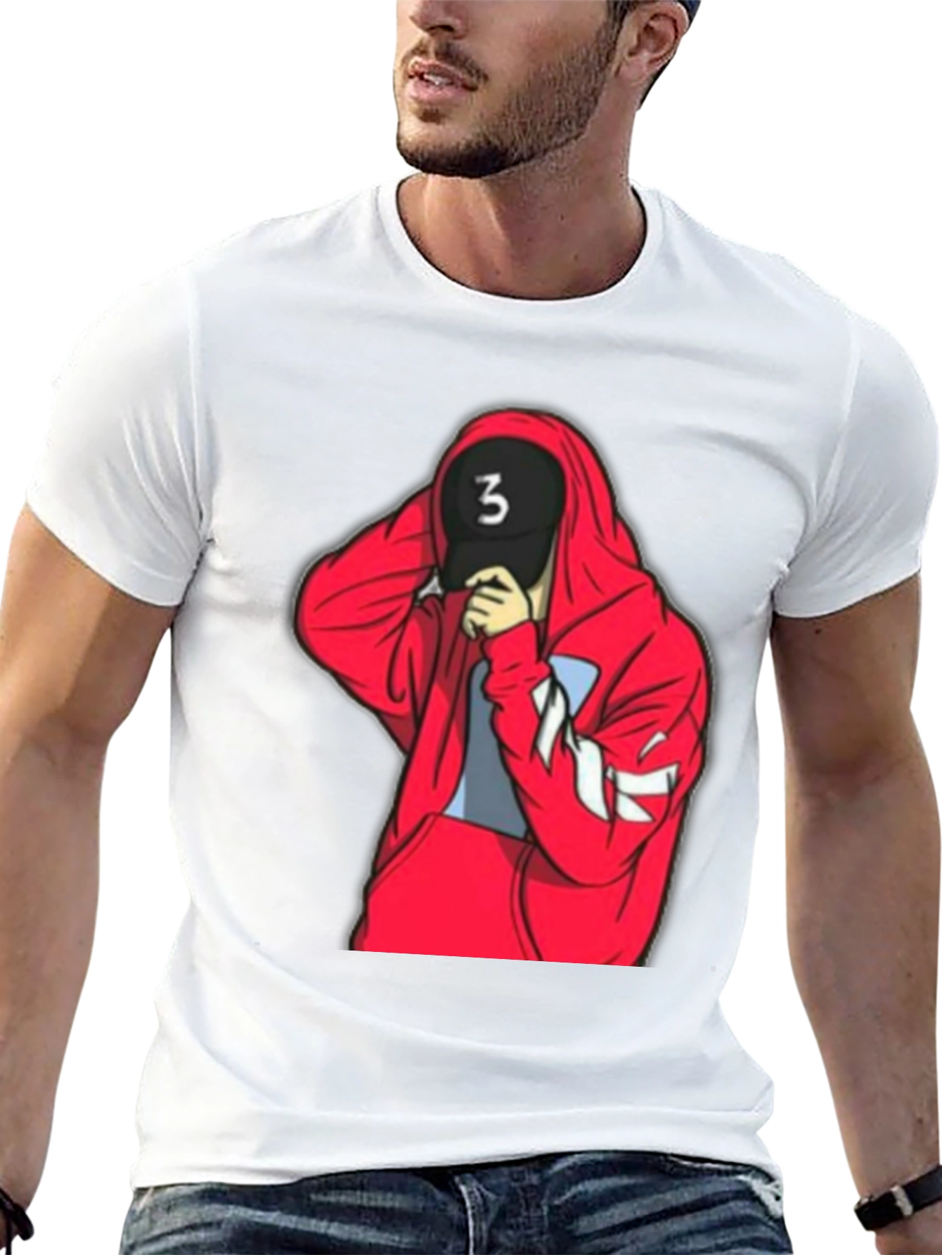 Black Tee with Red Hooded Figure Graphic