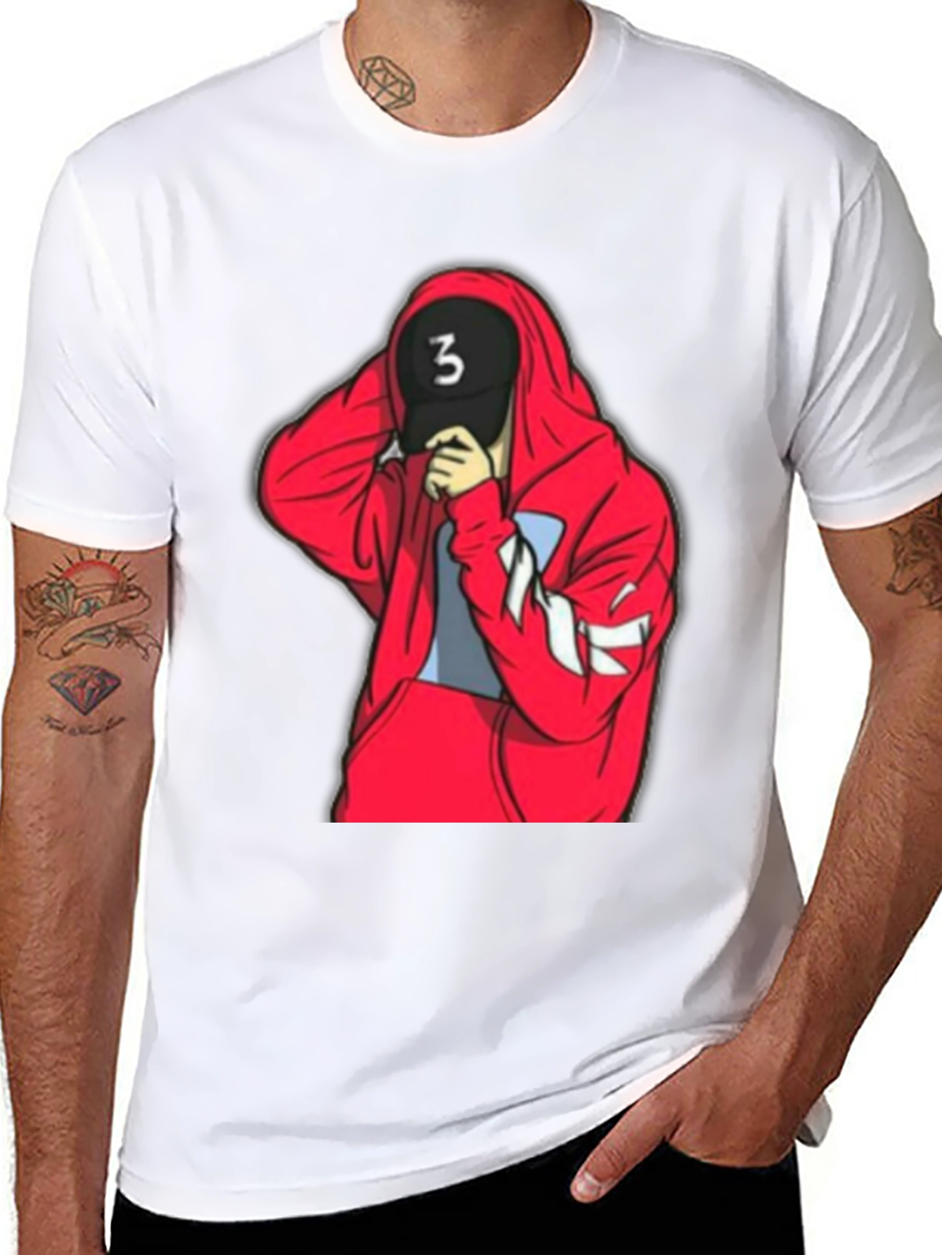 Black Tee with Red Hooded Figure Graphic
