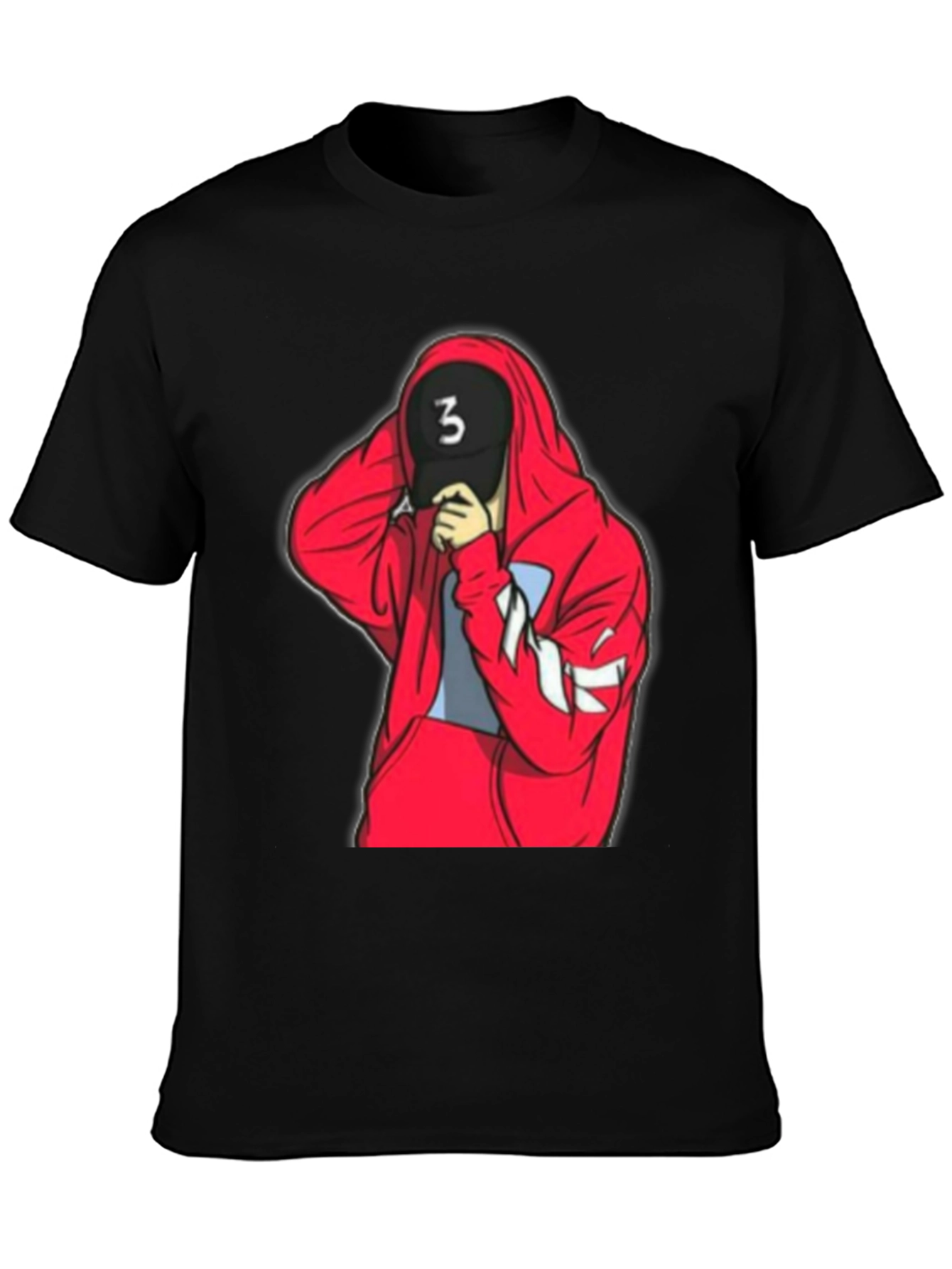 Black Tee with Red Hooded Figure Graphic
