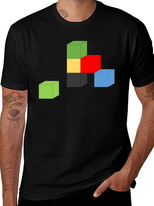 Abstract Cube Graphic Tee - Black Cotton Shirt