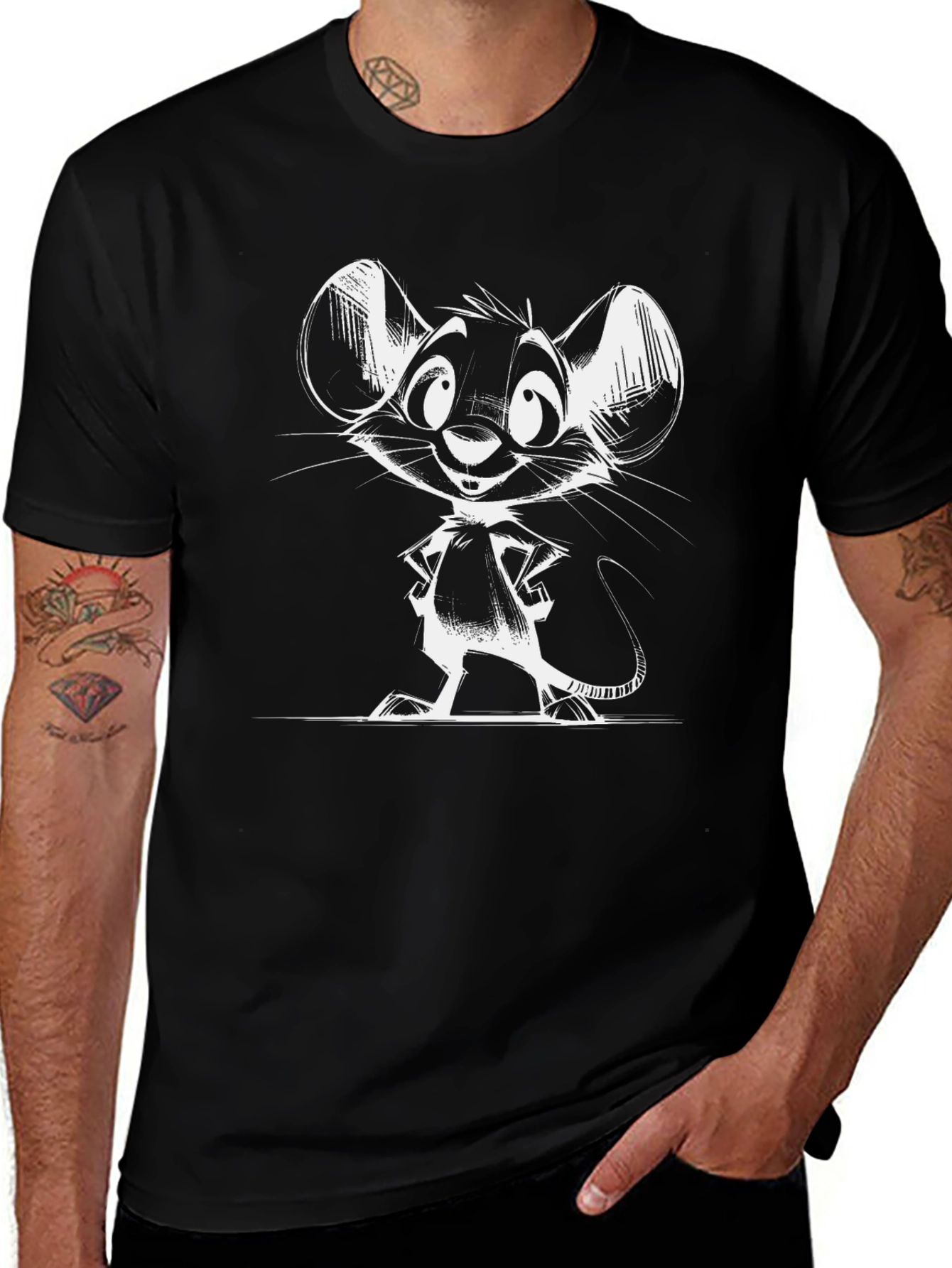 Cartoon Mouse Graphic Tee - Black Cotton T-Shirt