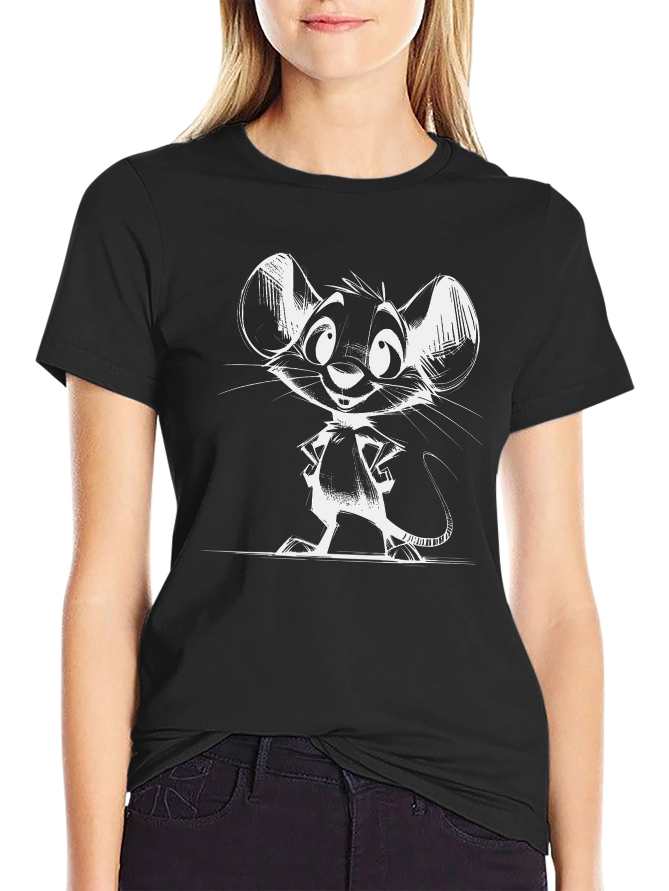 Cartoon Mouse Graphic Tee - Black Cotton T-Shirt