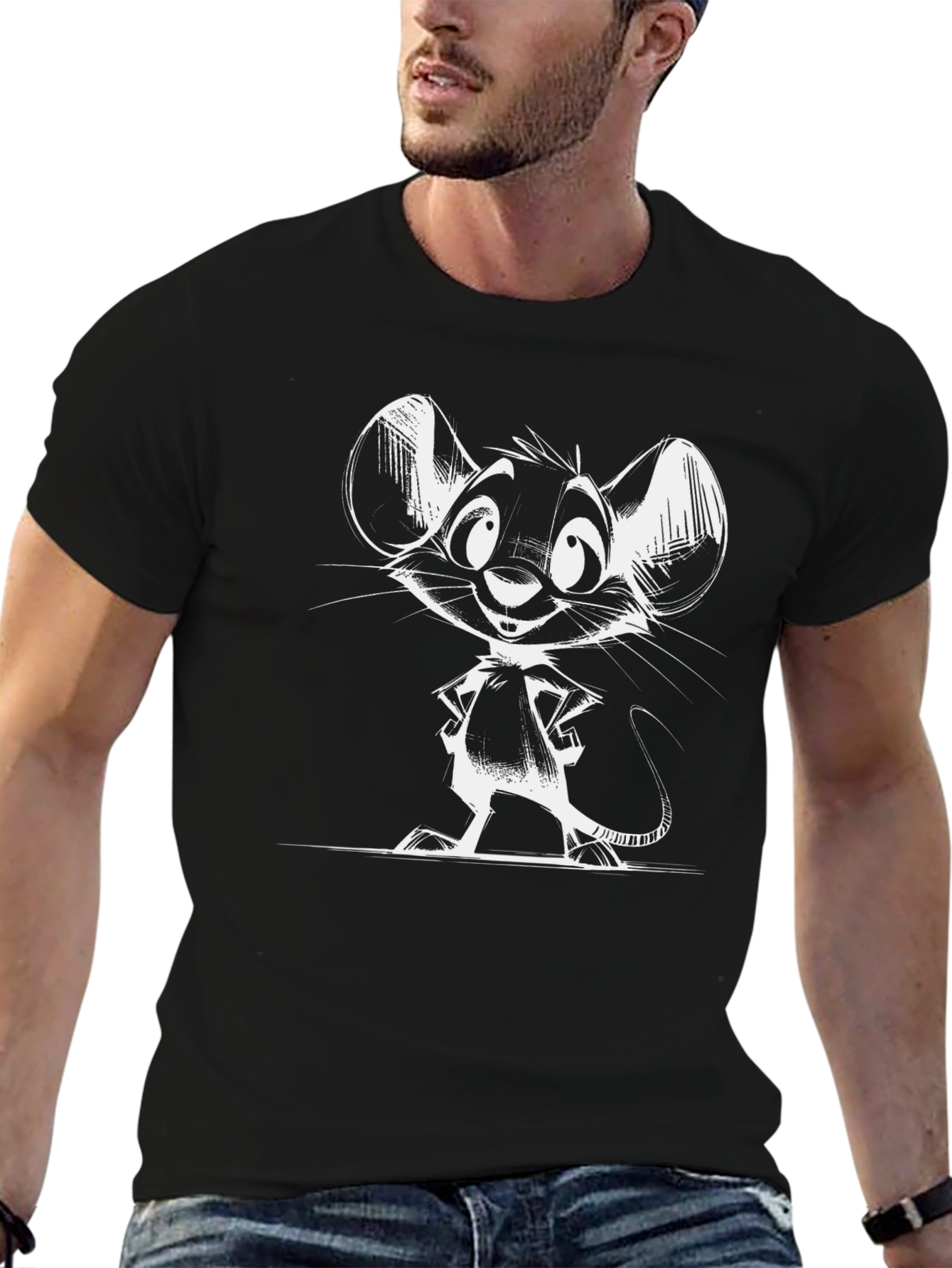 Cartoon Mouse Graphic Tee - Black Cotton T-Shirt