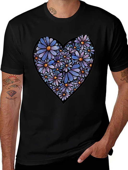 Floral Heart Graphic Tee - Soft Black Cotton Casual Shirt
