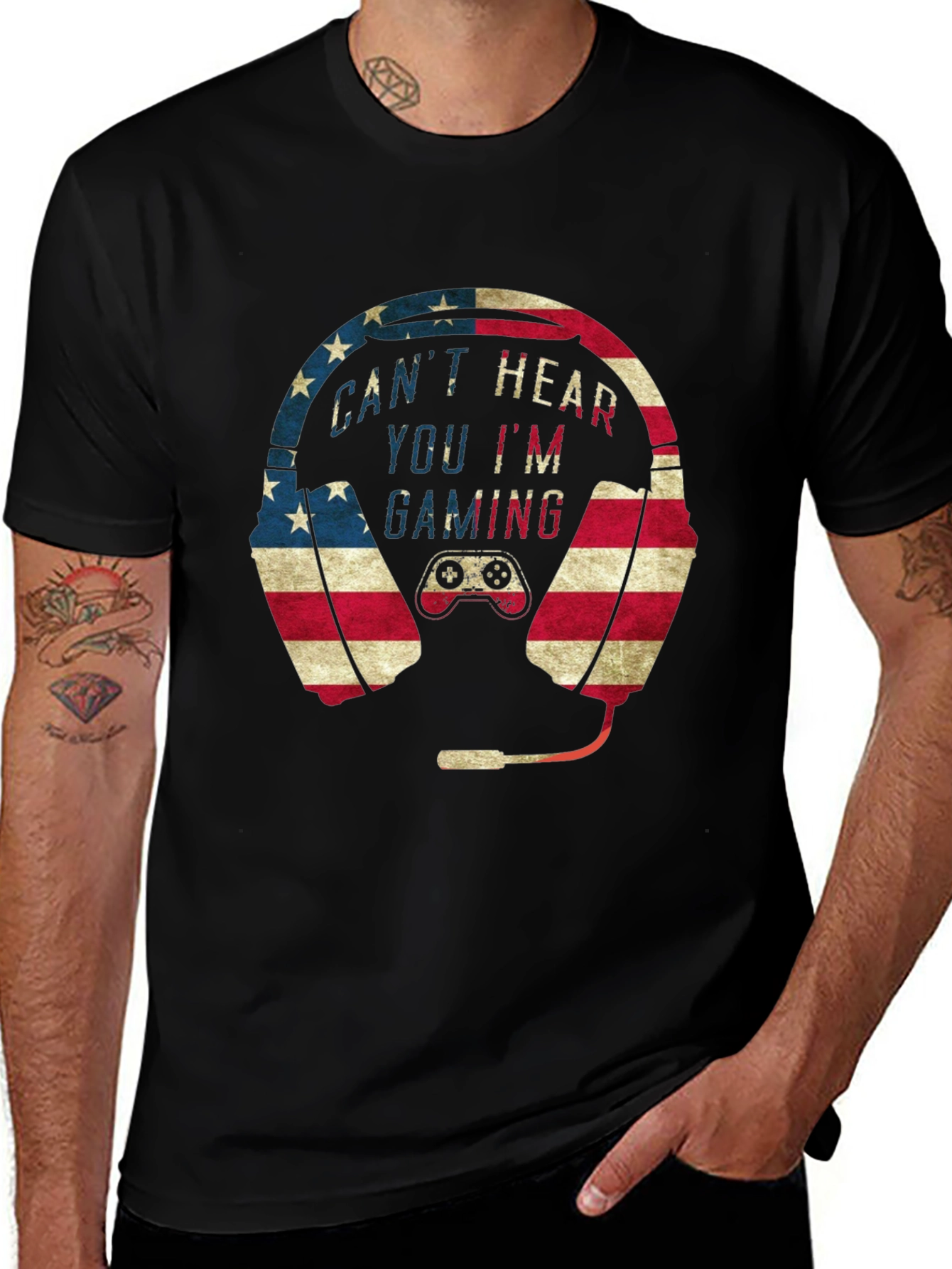 Gaming Headset American Flag Graphic T-Shirt