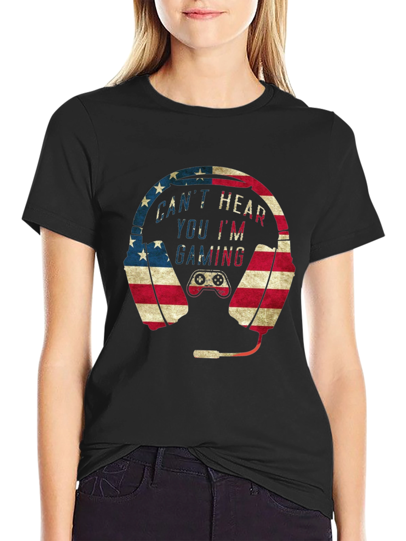 Gaming Headset American Flag Graphic T-Shirt