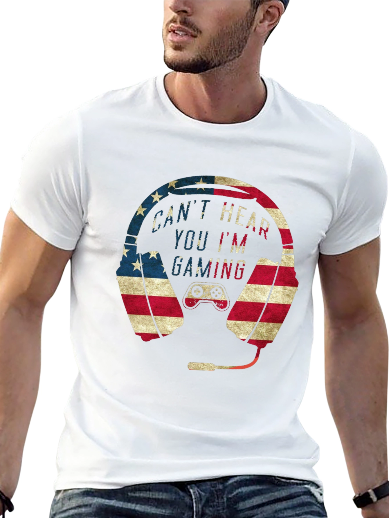 Gaming Headset American Flag Graphic T-Shirt