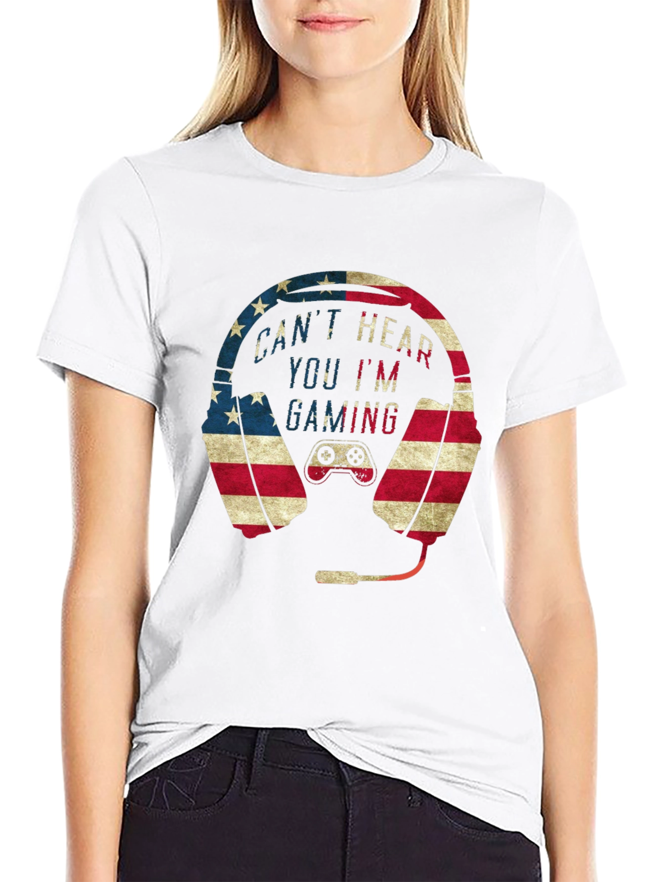 Gaming Headset American Flag Graphic T-Shirt