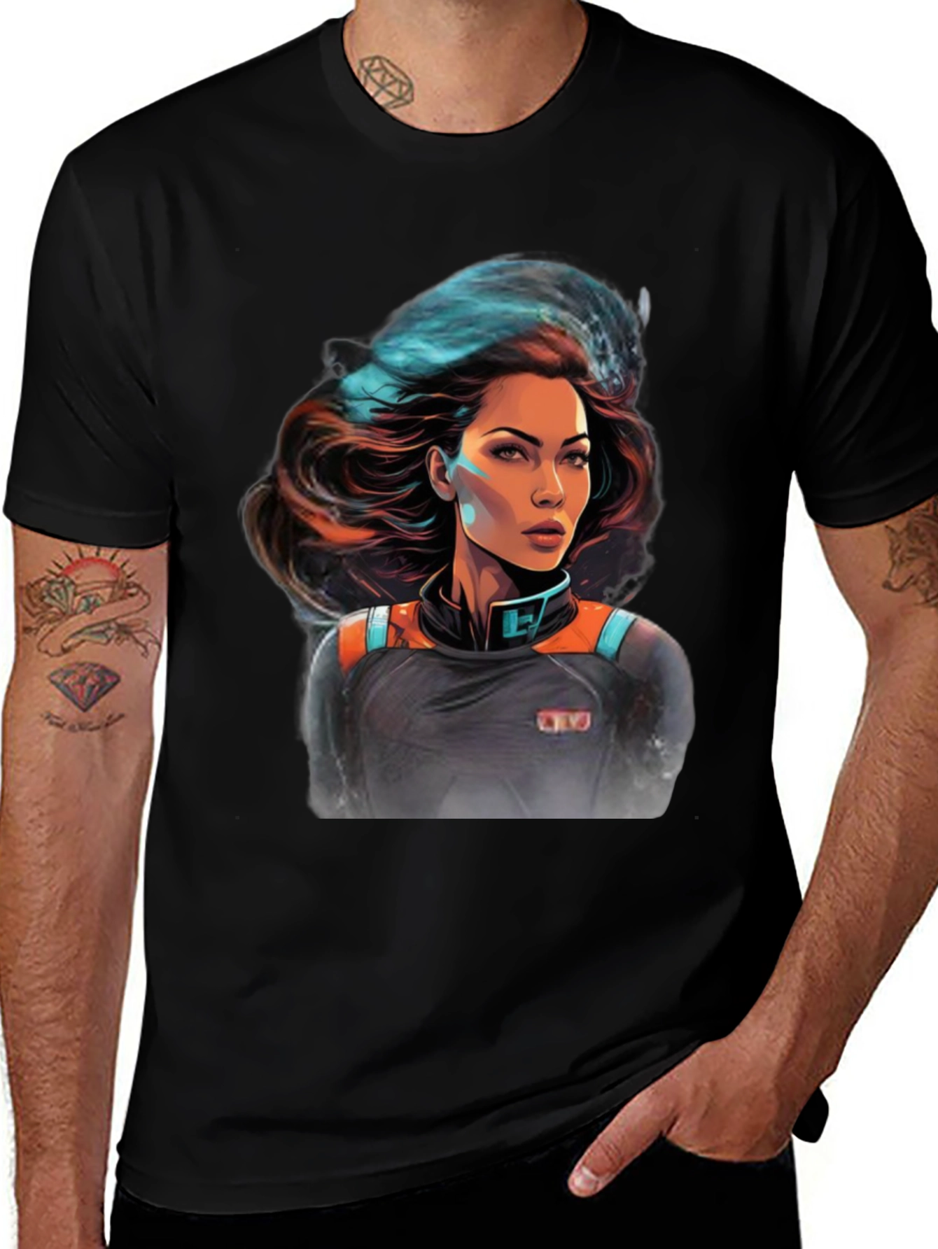 Sci-Fi Space Girl Graphic Tee - Black Cotton T-Shirt