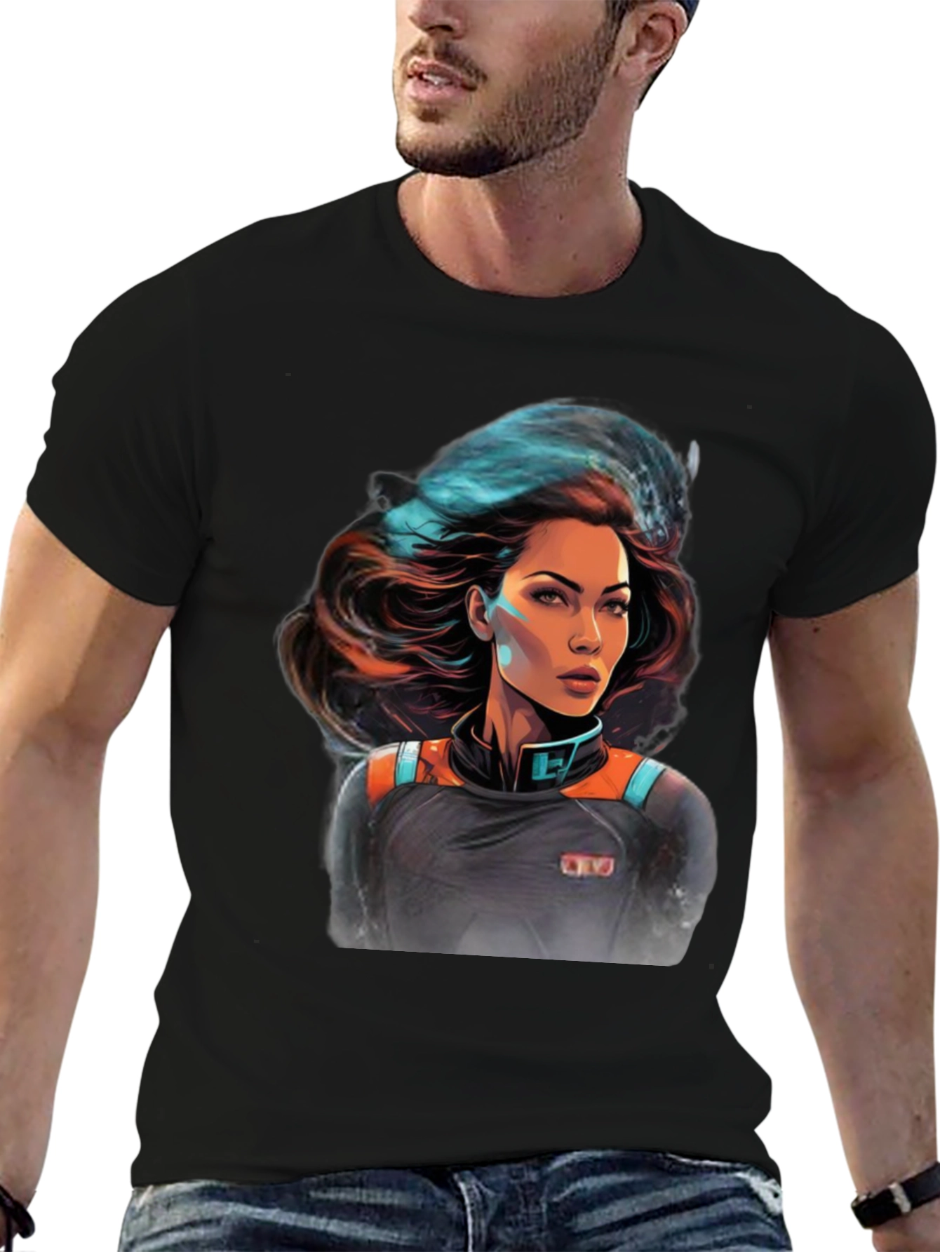 Sci-Fi Space Girl Graphic Tee - Black Cotton T-Shirt