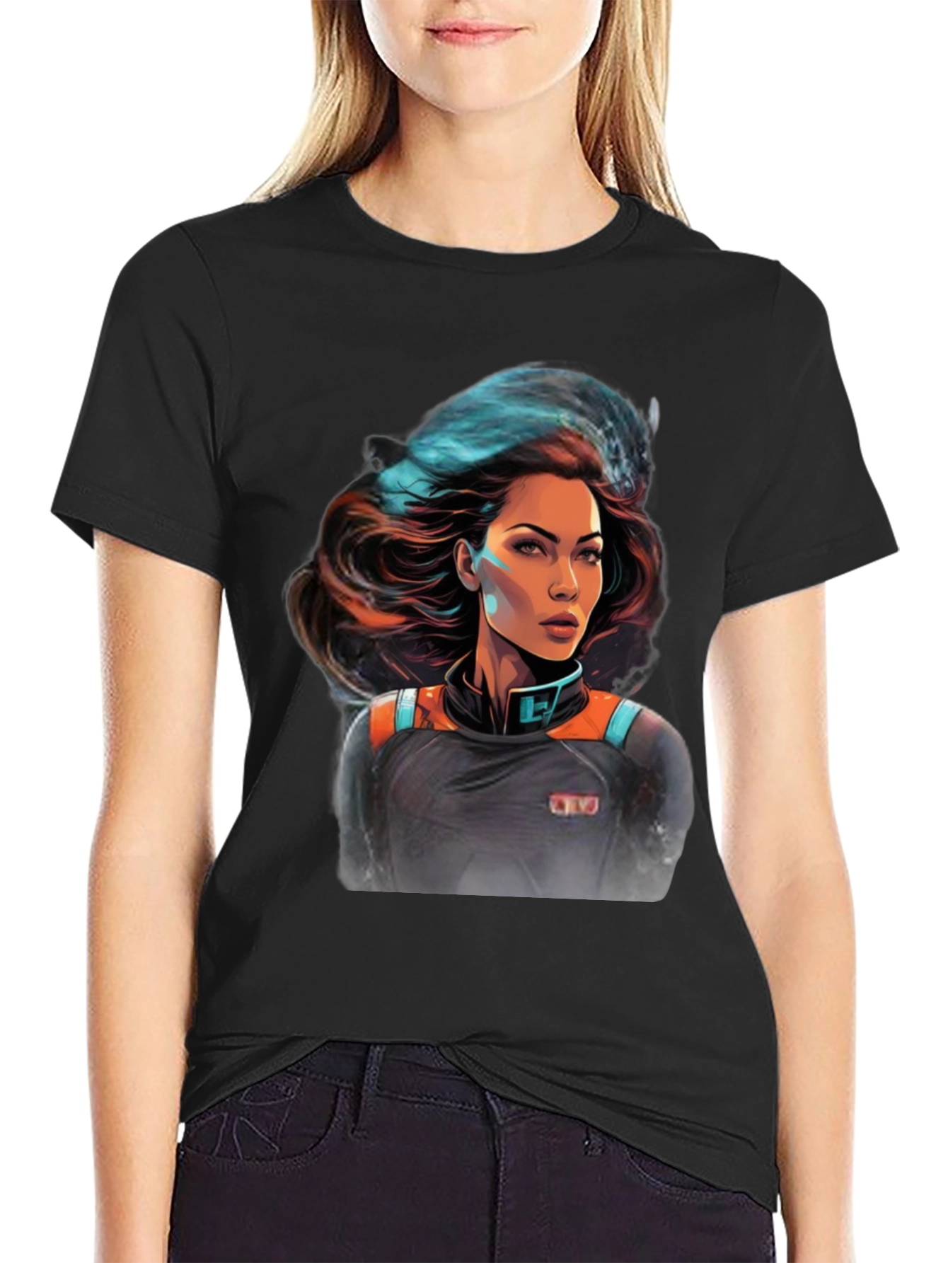 Sci-Fi Space Girl Graphic Tee - Black Cotton T-Shirt