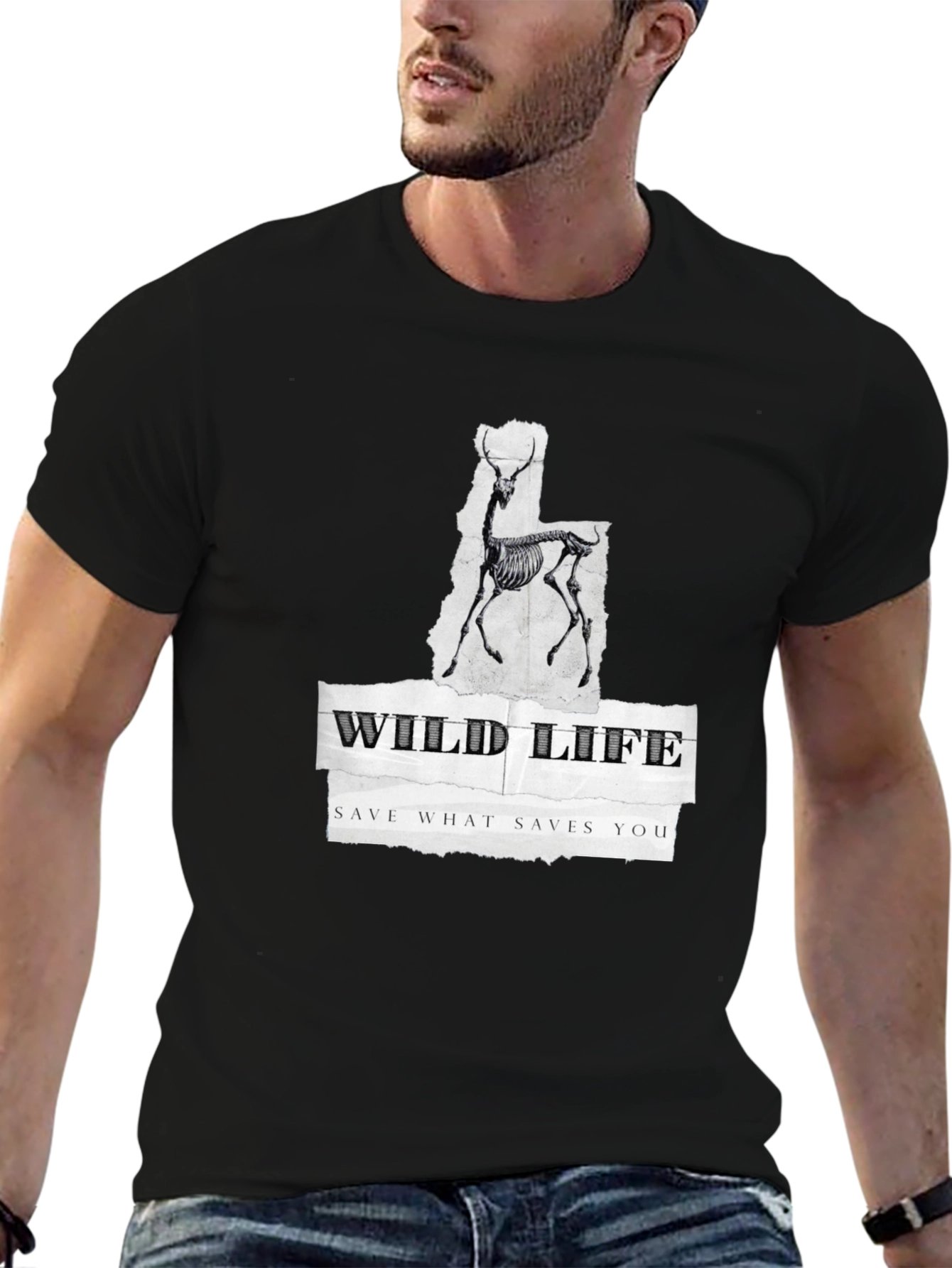 Wildlife Skeleton Graphic Print Black T-Shirt