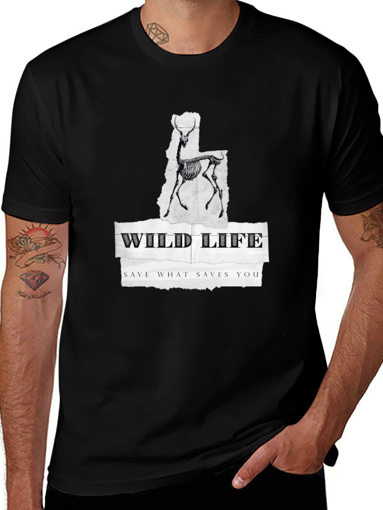 Wildlife Skeleton Graphic Print Black T-Shirt