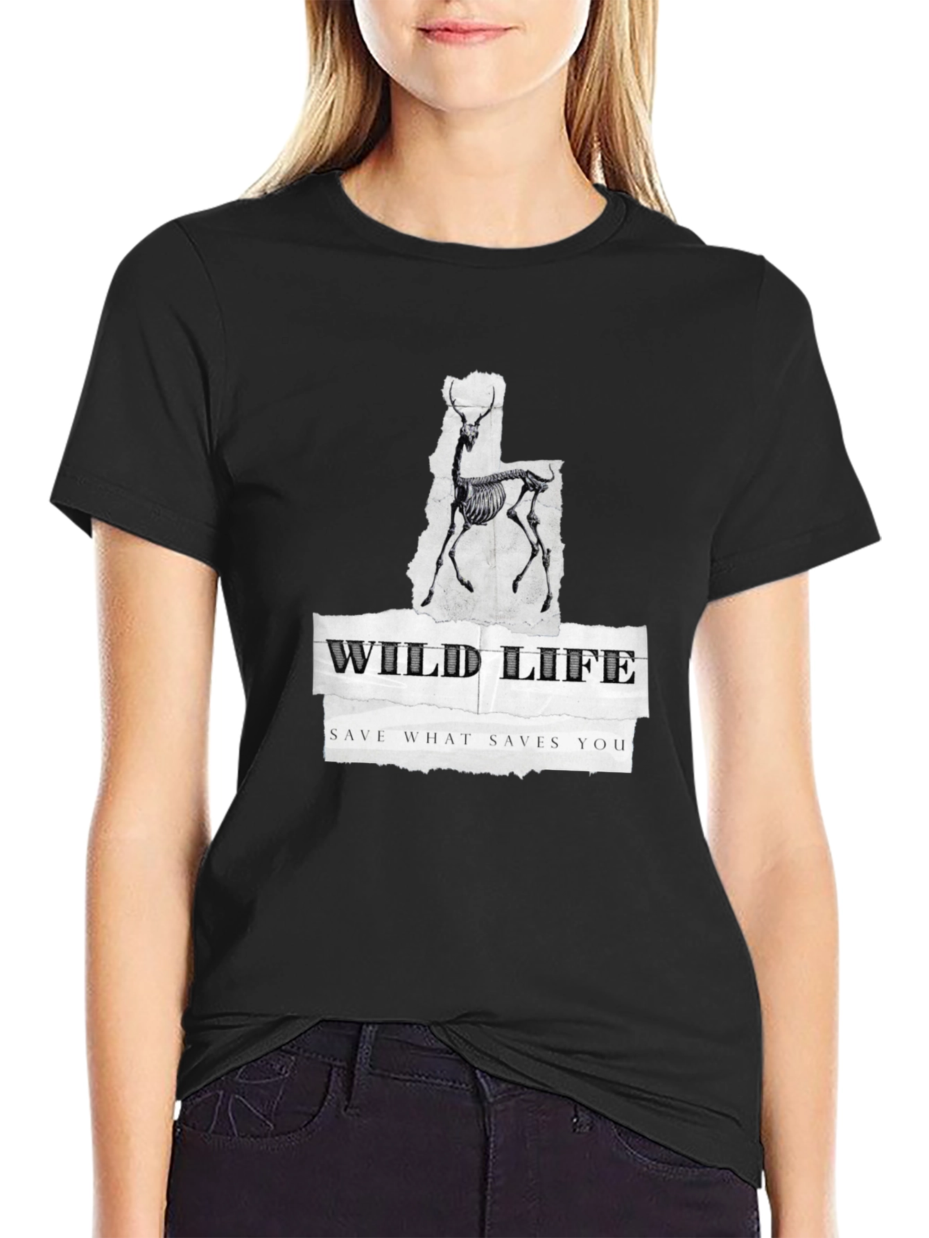 Wildlife Skeleton Graphic Print Black T-Shirt