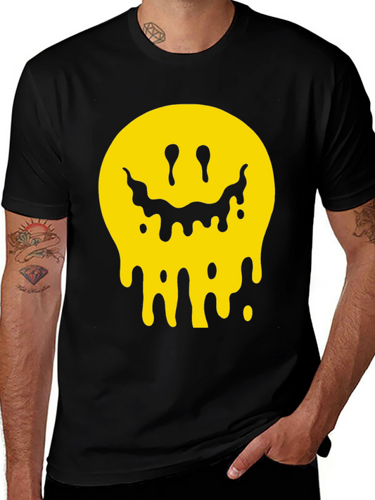 Melting Smiley Face Graphic Tee - Black Cotton T-Shirt