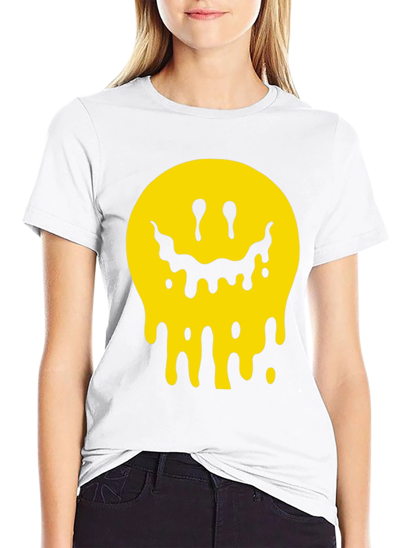 Melting Smiley Face Graphic Tee - Black Cotton T-Shirt