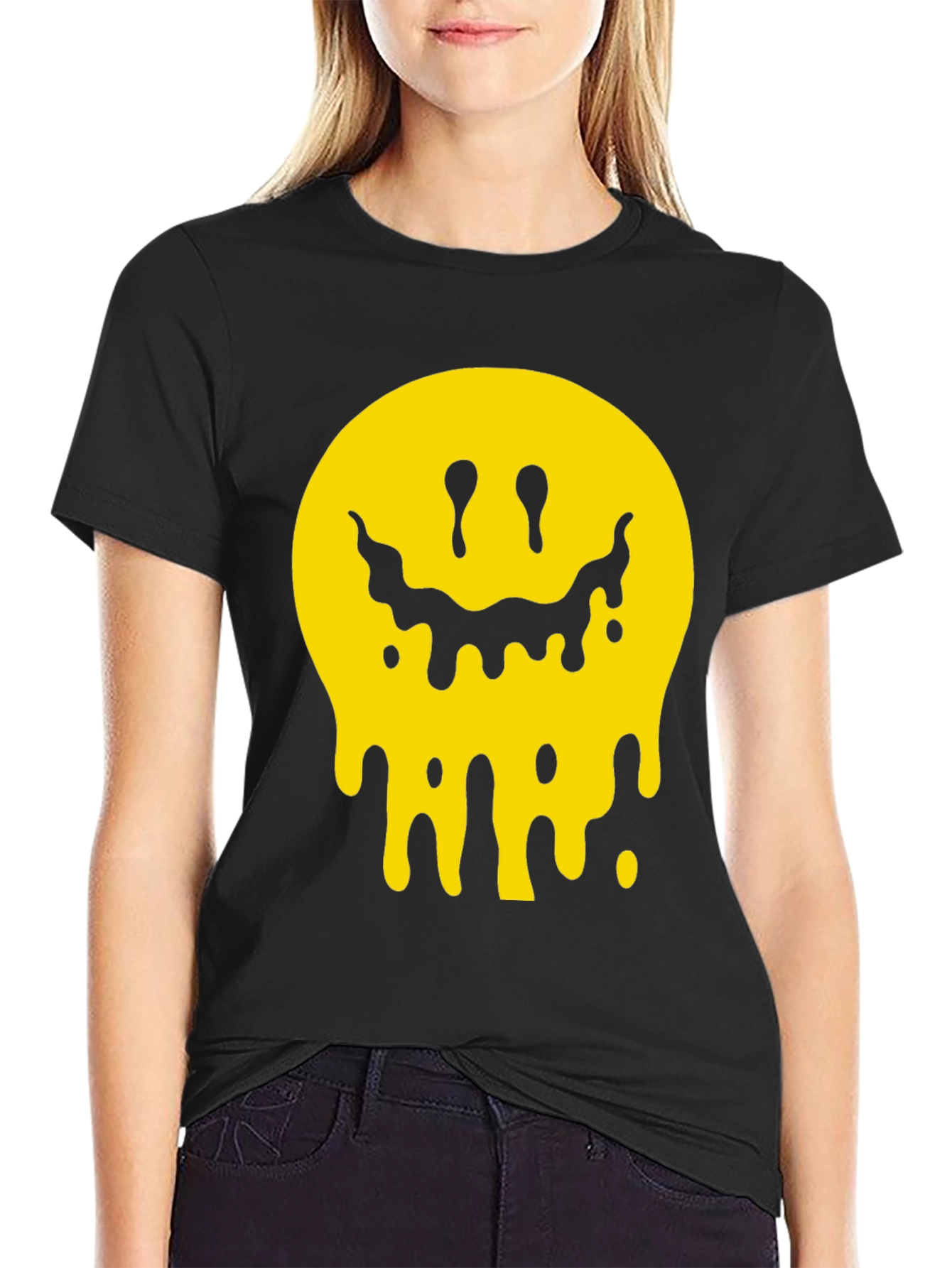 Melting Smiley Face Graphic Tee - Black Cotton T-Shirt