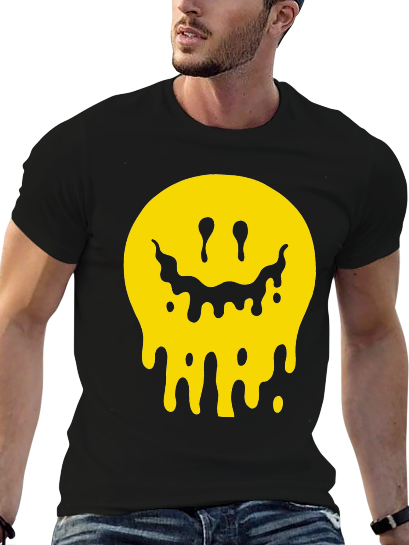 Melting Smiley Face Graphic Tee - Black Cotton T-Shirt