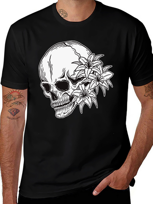 Skull and Flowers Graphic Print Black T-Shirt