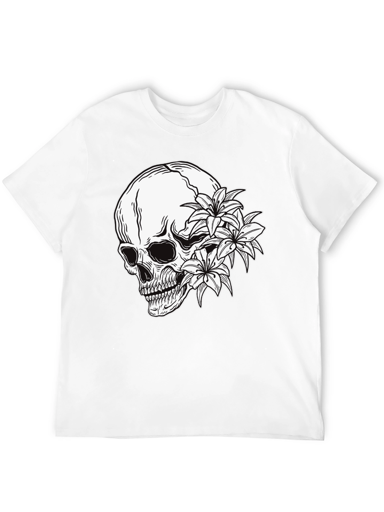 Skull and Flowers Graphic Print Black T-Shirt