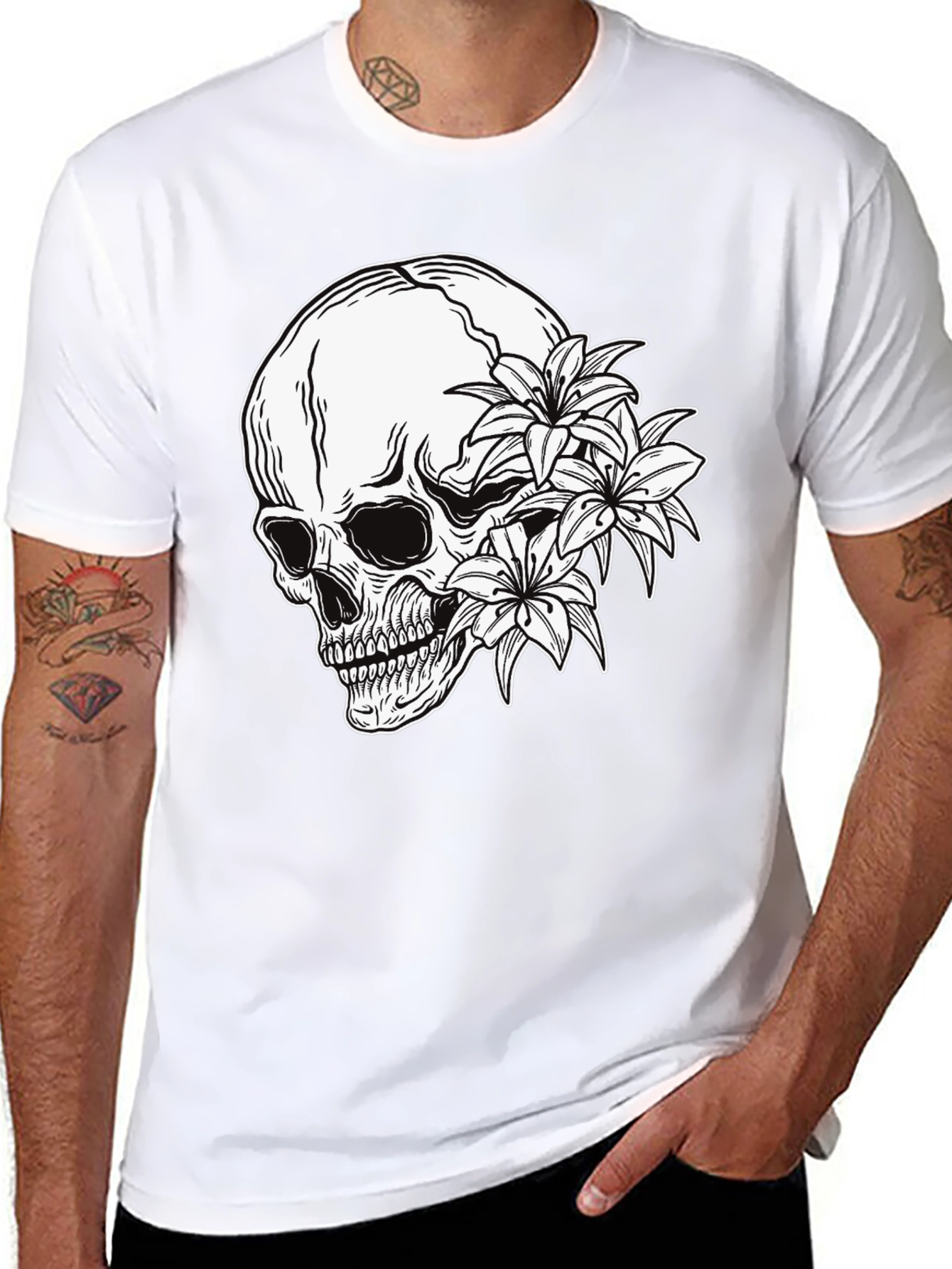 Skull and Flowers Graphic Print Black T-Shirt